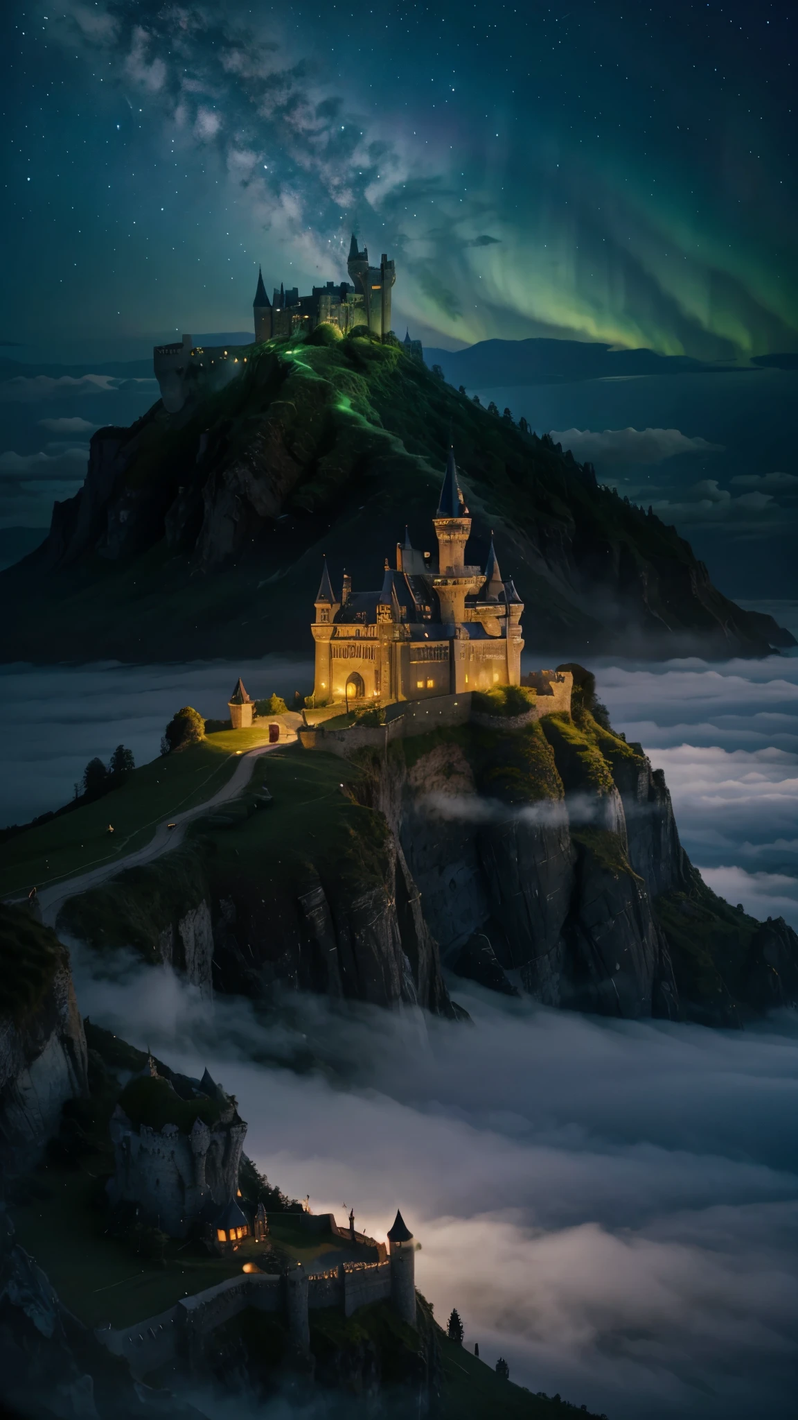 Fantasy Castle on a Cliff": A grand, fairy-tale castle perched on a cliff, surrounded by a mystical fog, with dragons flying in the background and a magical sky filled with stars and auroras.