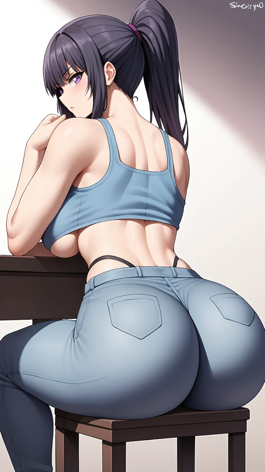 1girl, breasts, solo, ass, thong, large_breasts, ponytail, underwear, looking_at_viewer, panties, looking_back, highleg_panties, purple_eyes, black_hair, sitting, patreon_logo, patreon_username, web_address, back, bare_shoulders, white_background, long_hair, bangs, pants, black_panties, from_behind, highleg, underboob, chair, simple_background, sidelocks