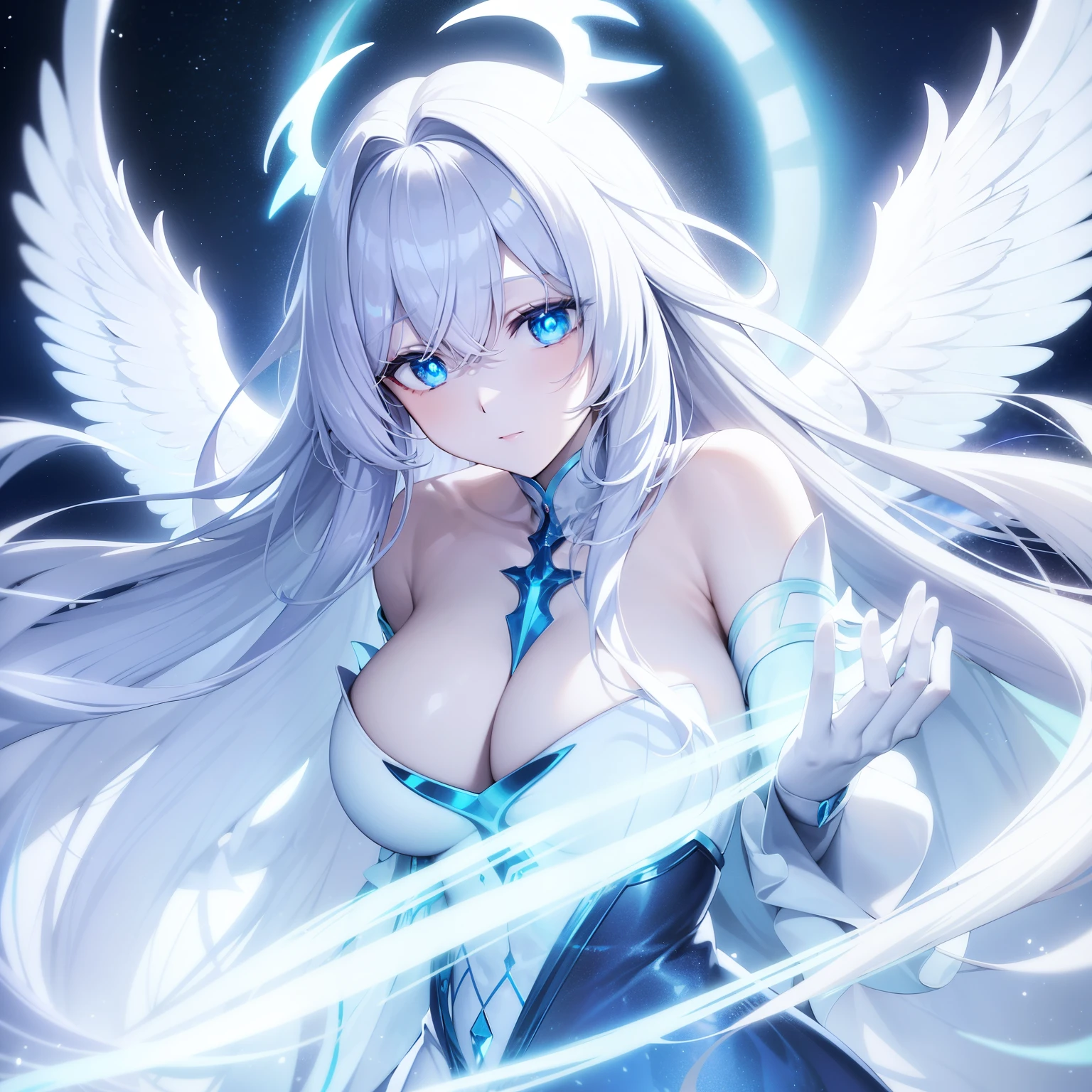 1 Celestial Archangel Girl, long white hair, pale skin, glowing white robe, glowing blue eyes, huge white wings, celestial background, beautifully detailed hands holding a blue light