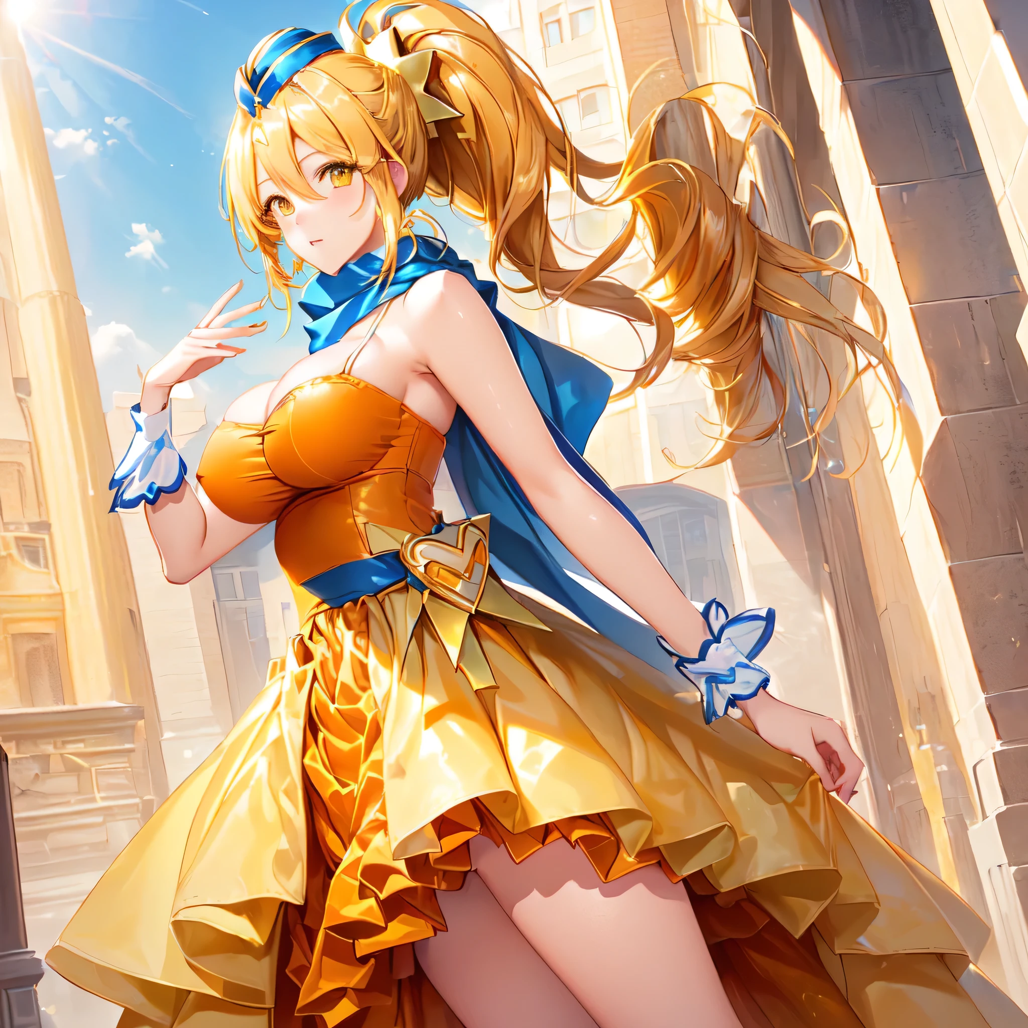 Image of a female character with long blonde hair and an orange dress、solo、Golden Aura、Permed ponytail、High Ponytail、Yellow eyed girl、Official Art、Hair between the eyes、yami cool、Dress Up Darling Anime、Big Breasts、Large Breasts、Blue mini hat、Yellow cardigan、Official character art、High-quality artwork、Blue scarf、we、Orange Mini Skirt、Anime Best Boy、A girl is standing、Orange High Heels、Official Artwork、Bare Arms、Bare thighs、Bare legs、Cool anime girls、Also、looking at viewer、Cowboy Shot、