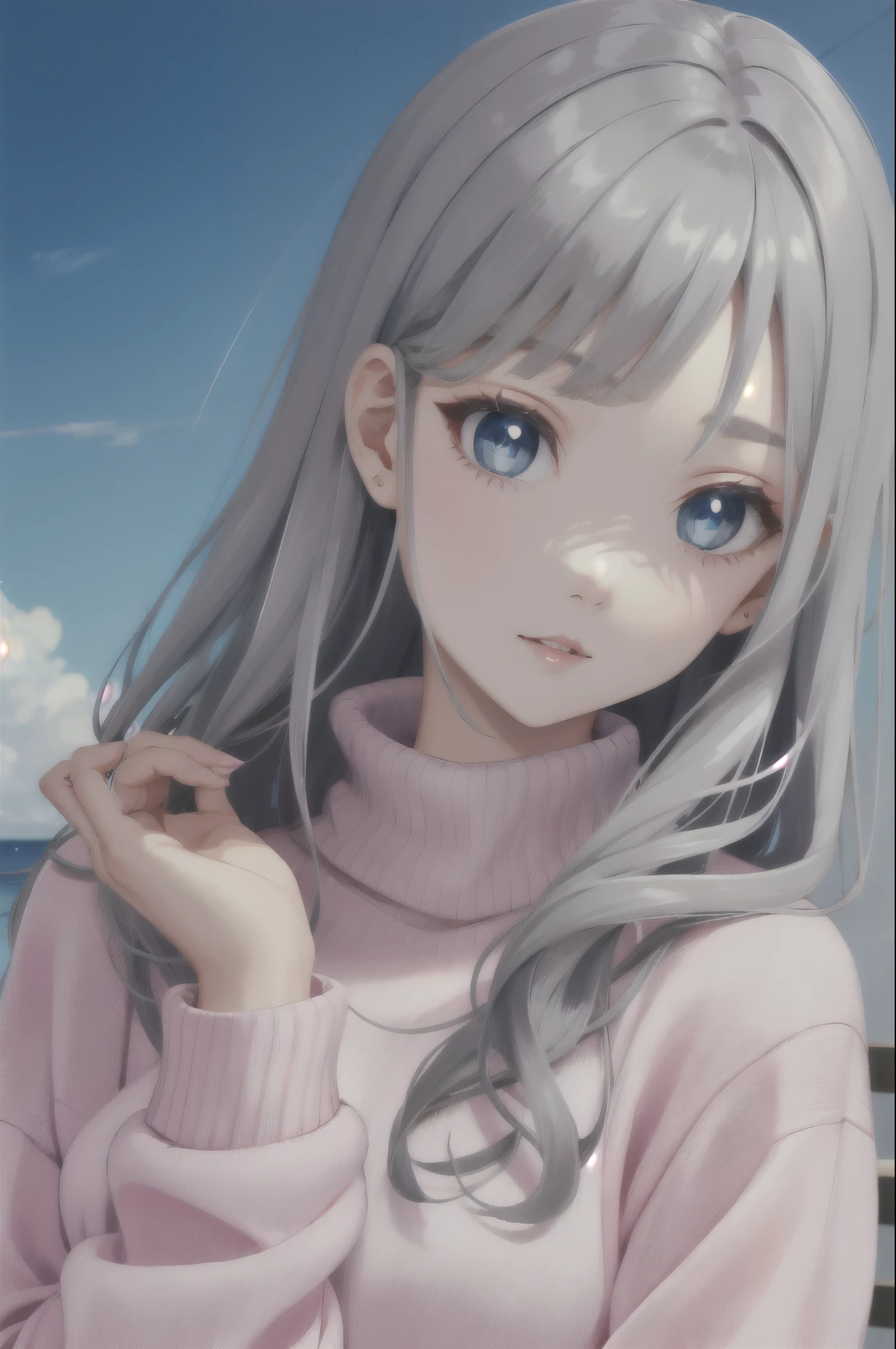 Girl, long dark gray hair, sky blue eyes, sharp features, white skin, pink lips, sweater