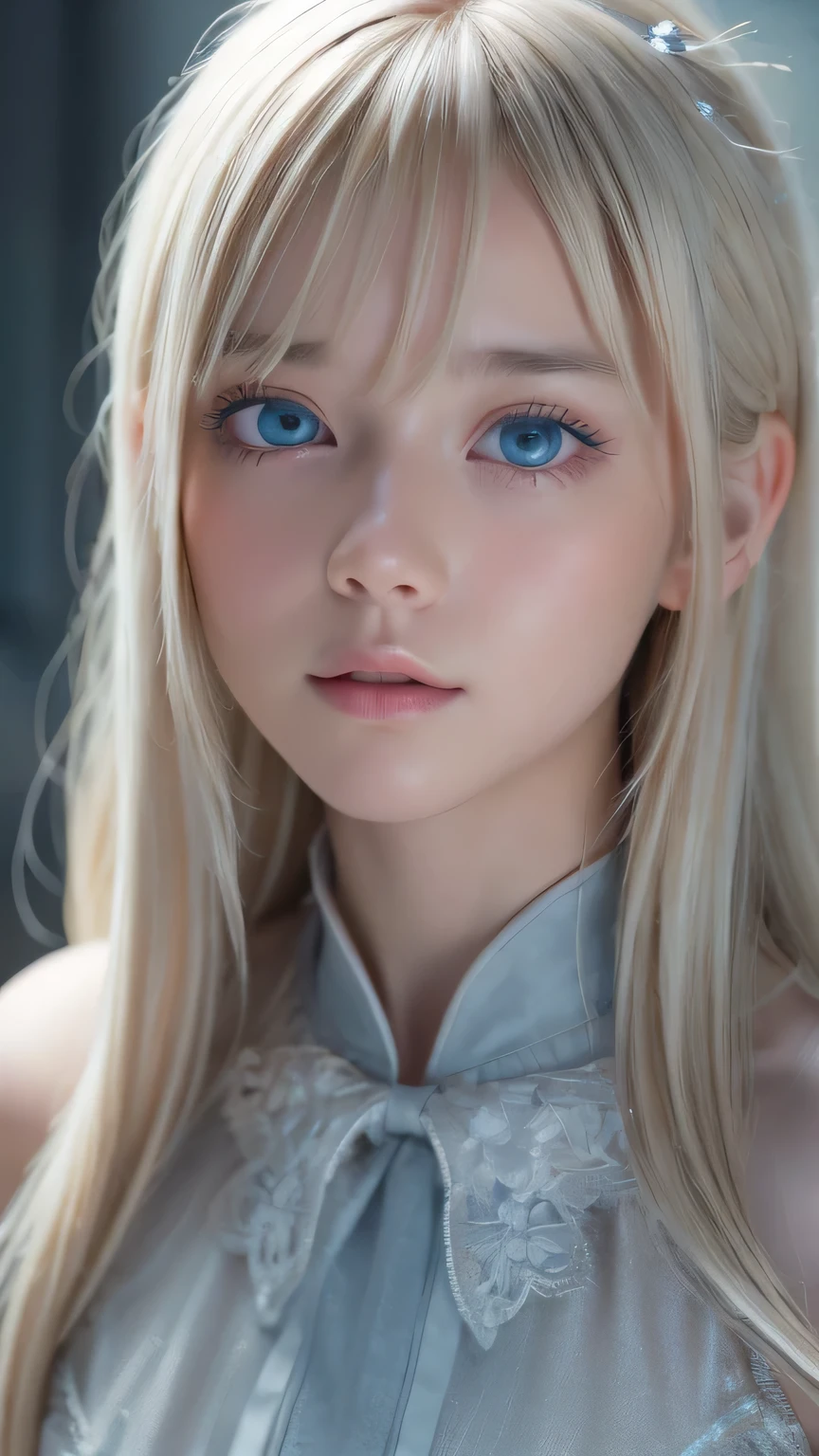 highest quality、8k Masterpiece、Ultra-high resolution、(Realistic:1.3)、RAW Photos、14 year old Scandinavian girl with shiny blonde hair、Silvery blonde hair、Super long straight hair、Bangs between the eyes、Bangs that cover the eyes、片Bangs that cover the eyes、Bangs between the eyes、White and glowing skin、1. Cyberpunk Super Beautiful Soldier、((Ultra-Realistic Details))、Portraiture、Global Illumination、Shadow Realm、Octane Rendering、8k、Ultra Sharp、Metal、Cool colors、、Very intricate detail、Realistic Light、Trends of the CG Association、so beautiful, Big bright blue eyes、Very big eyes、Eyes shining at the camera、Neon Details、Small Face Beauty、Round face、Cheek highlight