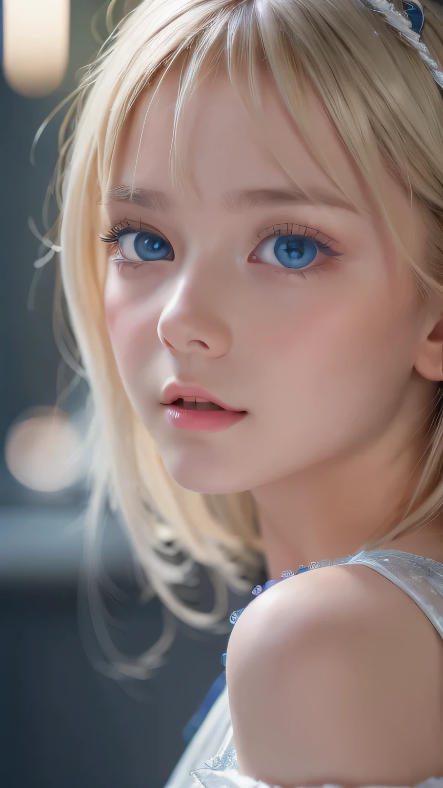 highest quality、8k Masterpiece、Ultra-high resolution、(Realistic:1.3)、RAW Photos、14 year old Scandinavian girl with shiny blonde hair、Silvery blonde hair、Super long straight hair、Bangs between the eyes、Bangs that cover the eyes、片Bangs that cover the eyes、Bangs between the eyes、White and glowing skin、1. Cyberpunk Super Beautiful Soldier、((Ultra-Realistic Details))、Portraiture、Global Illumination、Shadow Realm、Octane Rendering、8k、Ultra Sharp、Metal、Cool colors、、Very intricate detail、Realistic Light、Trends of the CG Association、so beautiful, Big bright blue eyes、Very big eyes、Eyes shining at the camera、Neon Details、Small Face Beauty、Round face、Cheek highlight