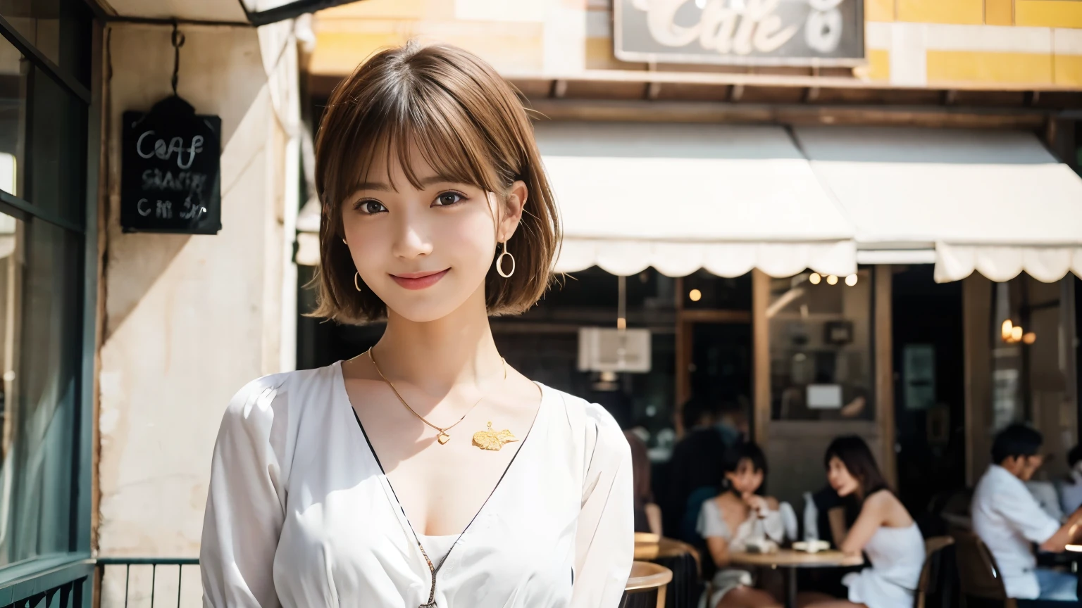 super high quality, Short Hair, Slender, Gravure photoshoot, The staff is working at the counter in the back., (8k、RAW Photos、highest quality、masterpiece:1.2), Japanese Idol, Shaggy, Stylish café, The cafe is crowded with people enjoying themselves., (Realistic、Photorealistic:1.37), Mesh Hair, Urban Cafe, Golden Ratio, Raw photo, Cute face , Light Brown Hair, Earrings, Small breasts, Bright cafe interior, Beauty salon model, Spring Clothes, necklace, White Shirt, Spoiled, Cafe Terrace, Open Cafe, Open Cafeの前に高級車, Smile, Hair blowing in the wind, Neat clothes, 18-year-old, younger sister,