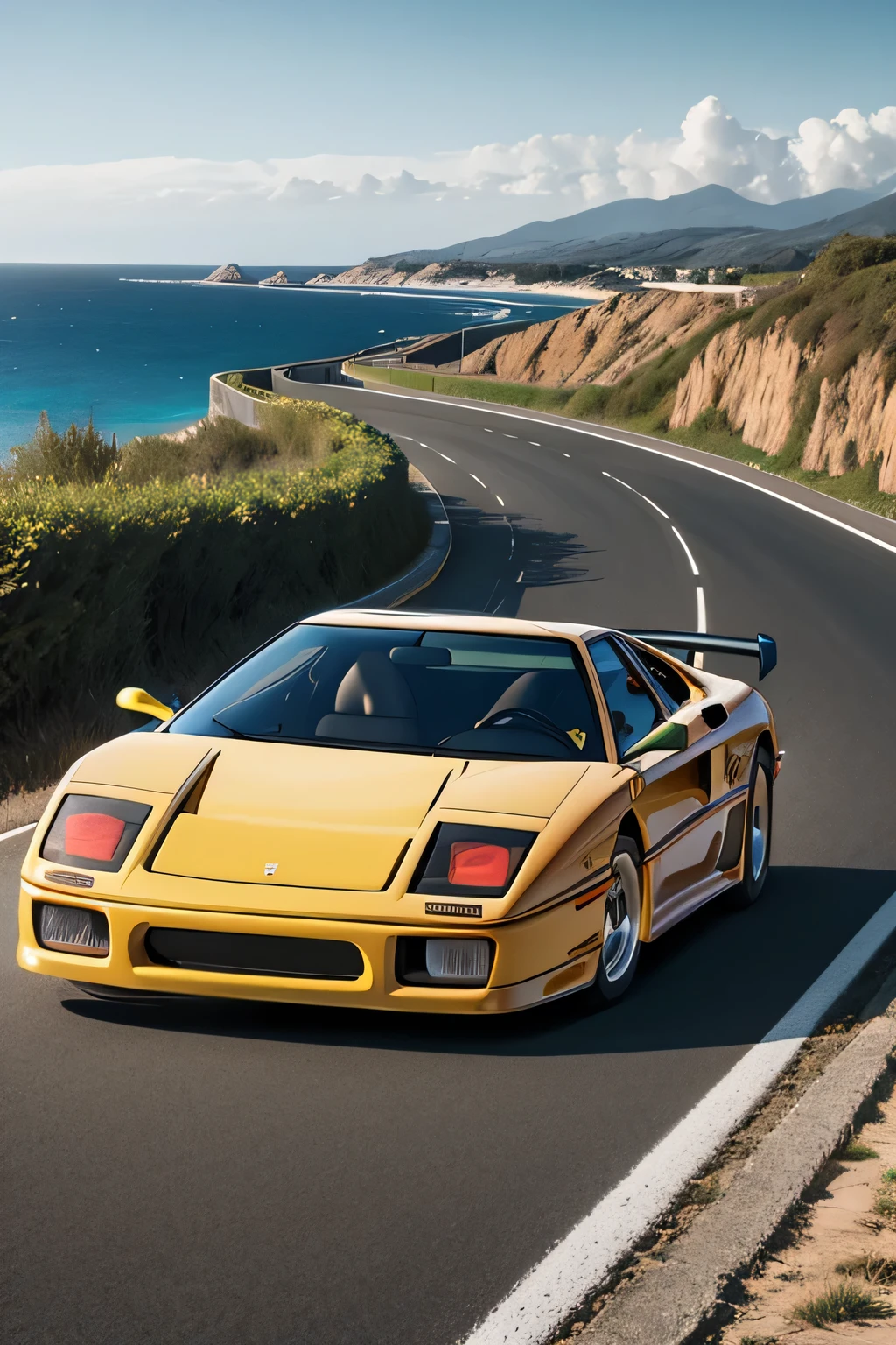 Ferrari f40, yellow, road by the sea, sunny day, photorealistic, best quality