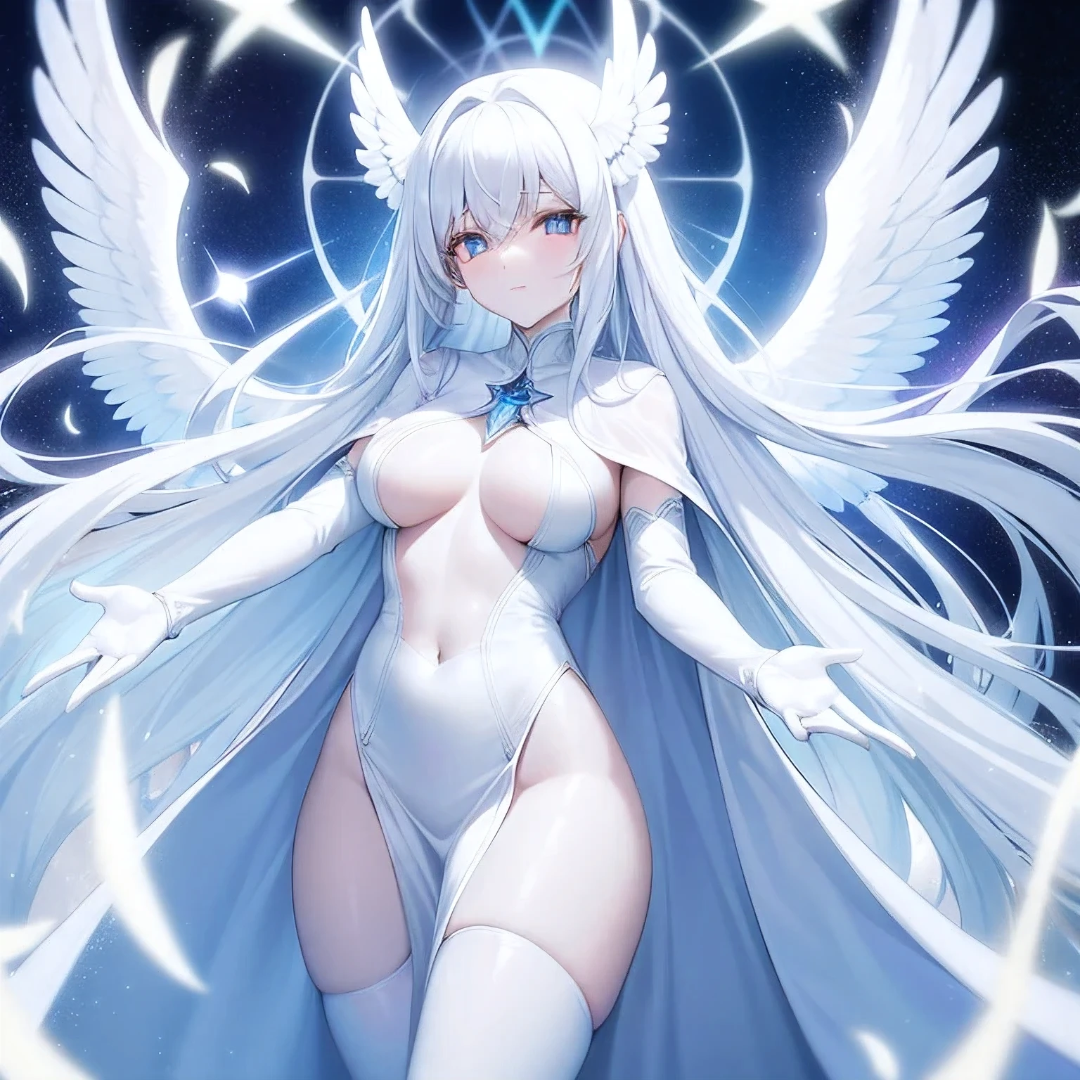 1 Celestial Archangel Girl, long white hair, pale skin, glowing white robe, glowing blue eyes, huge white wings, celestial background, beautifully detailed hands holding a blue light