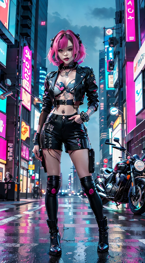 masterpiece, best quality, Confident cyberpunk girl, full body shot, ((standing in front of motorcycle)), Harajuku-inspired pop outfit, bold colors and patterns, eye-catching accessories, trendy and innovative hairstyle, vibrant makeup, Cyberpunk dazzling cityscape, skyscrapers, neon signs, LED lights, bright and vivid color scheme, anime, illustration, detailed skin texture, detailed cloth texture, beautiful detailed face, intricate details, ultra detailed.