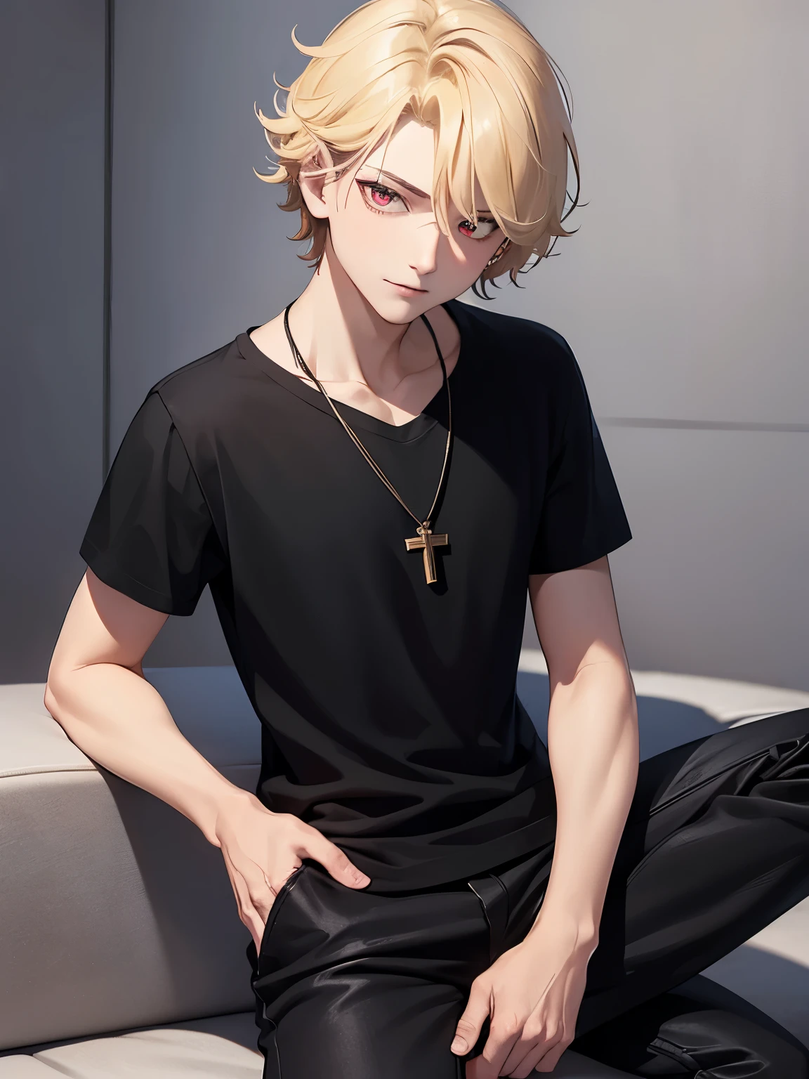 1boy,handsome,,sitting,slight smile,half body photo,Perfect face, HD face, ultra detailed face, short hair, blonde hair, messy hair, bright red eyes, vampire, black t-shirt, black trousers, cross necklace,ultra detailed, ultra HD