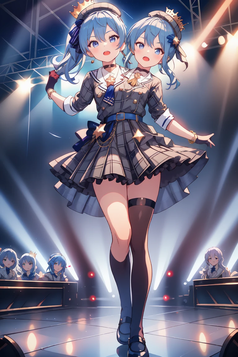 (masterpiece, best quality), best resolution, 16k, (2heads:1.5), full-body, 1girl, solo, HoshimachiSuisei, side ponytail, blue hair ribbon, SuiseiBase, plaid beret, crown, blue star choker, star earrings, blue ascot, plaid jacket, plaid skirt, layered skirt, partially fingerless gloves, star bracelet, uneven legwear, thigh strap, (standing, stand straight), look at viewer, (both hands above chest, perfect hands), ((cheek-to-cheek)), singing, open mouth, stable, concert stage, starfield, spotlight