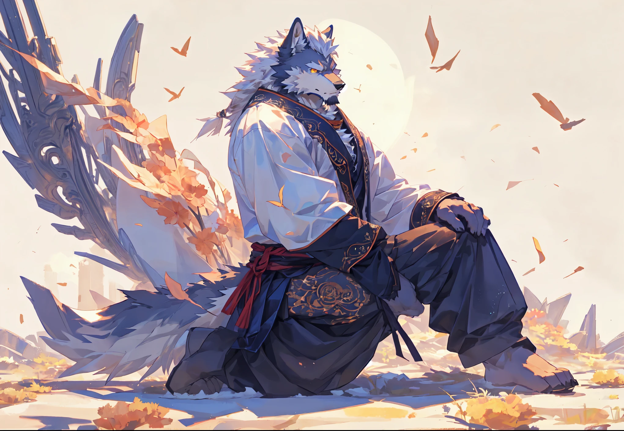 Anime style,, PIXIV, hairy藝術, very very beautiful hairy藝術杰作,best quality,2K resolution,Very detailed,hairy,Wolf,Calm,Strong,male,Detailed facial depiction,Highest quality scene,whole body,male,White hair,Dynamic,stratagem,Golden Eyes,Solitary