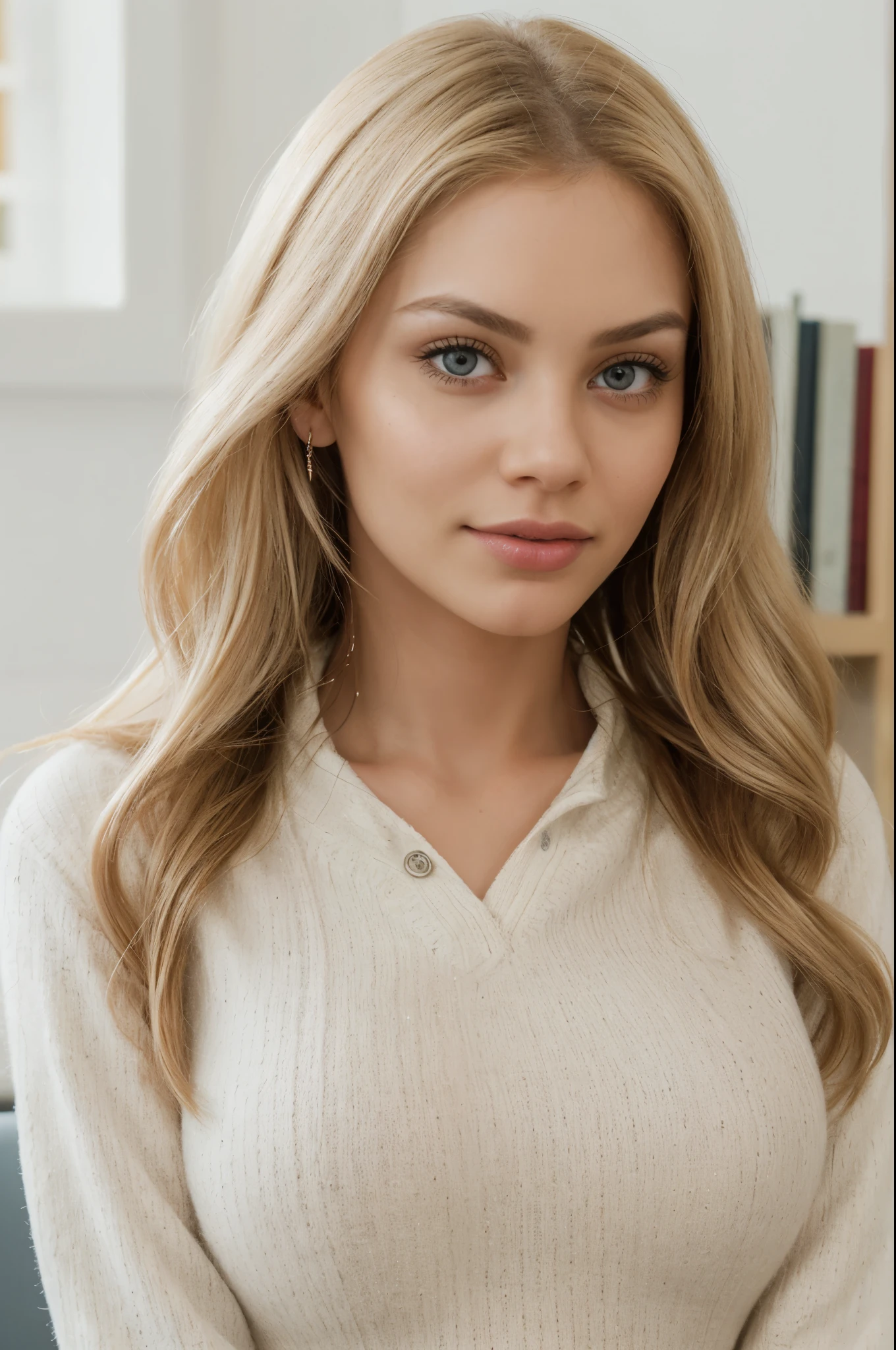 Ultra high resolution, (Photorealistic: 1.4), UHD, best quality, ultra-detailed, ultra-realistic, real photo, lonely, sparkle, Sony FE GM, UHD, retina, masterpiece, ccurate, anatomically correct, high details, super detail, high quality, 8k, highres. 1 woman, blonde woman, 24 years old, long blonde hair, delicate features, (real texture:1.3),(slender figure:1.1) detailed face, thin face, brown eyes, (eye reflection), teacher look, light smile, beautiful, perfect body (medium breasts), fitness body balanced, ((wearing white pullover, jeans )). Photographing in the work studio, sitting in a beige armchair, in the background a bookshelf with some books, work of instagram influencer, (looking at the viewer: 1.2) (skin white texture) ( film grain: 1.3), (warm tone, warm tone: 1.2), close-up, .....RAW.