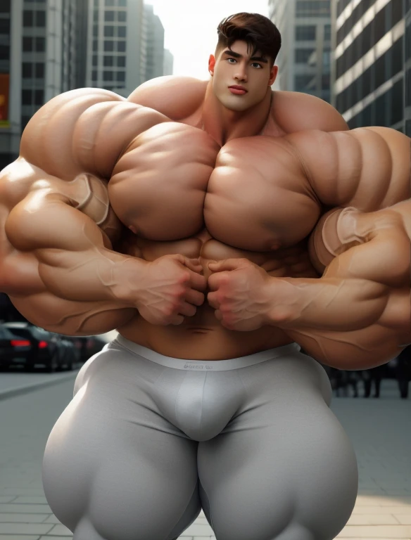 1 boy, giant, model shoot style, looking at camera, standing, warm light, outdoor, strong body, bulk, large size, posing, sunmer, in the city, wear white underpants, meaty bulge, big, brutalmass, giant, muscular body, bulk, massive body, squishy, large meaty body size