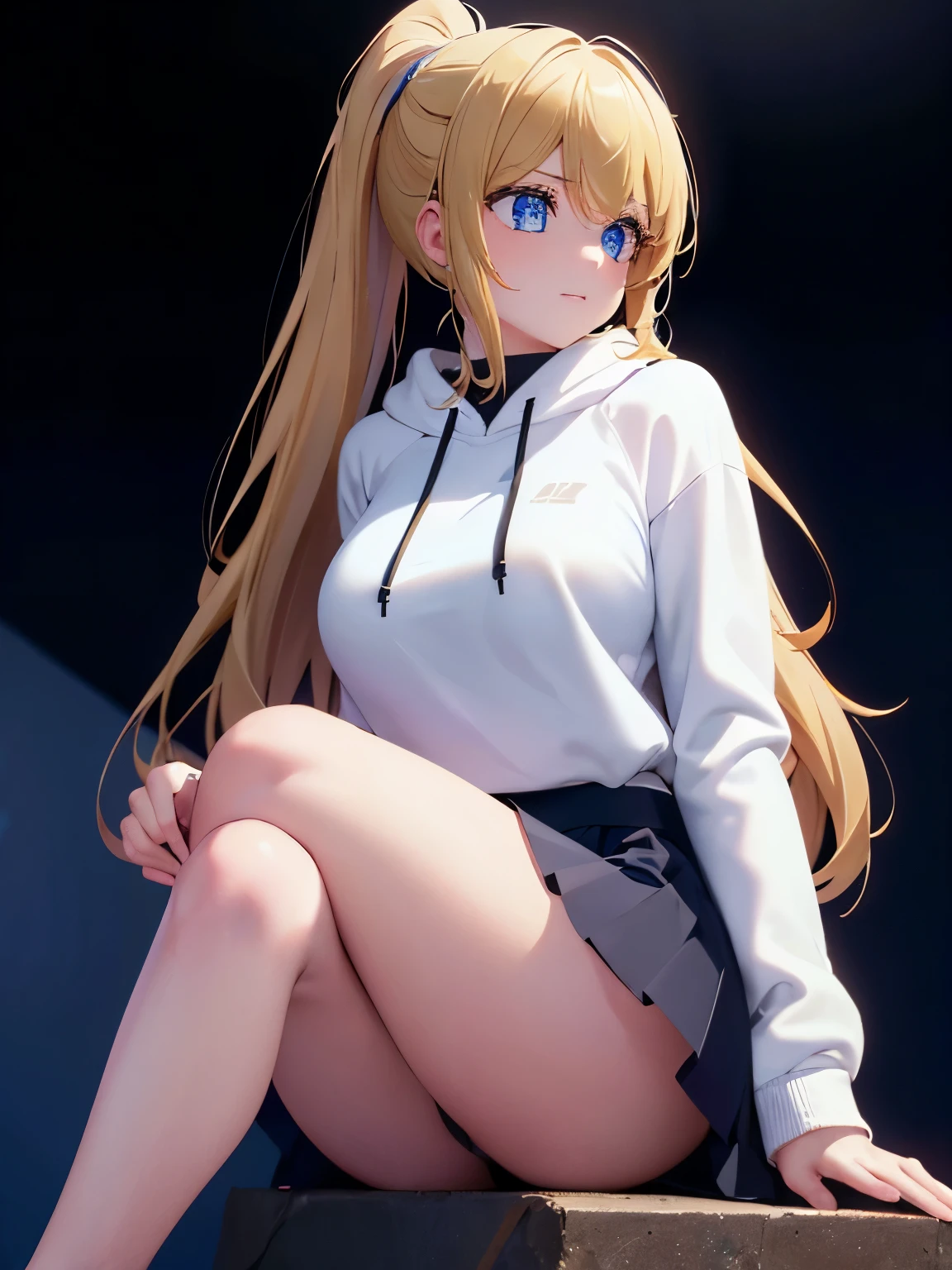 1woman,super beautiful,Sitting facing backwards, photo from behind, camera angle from behind, looking away, legs apart, thighs open,,half body photo,Beautiful eyes, very detailed face,cute, tennis skirt,HD face, perfect face, white hoodie,long hoodie,black mini skirt,Very big breasts,Blonde hair,long hair,ponytail,bangs,blue eyes,ultra detail,ultra Hd, masterpiece,4k