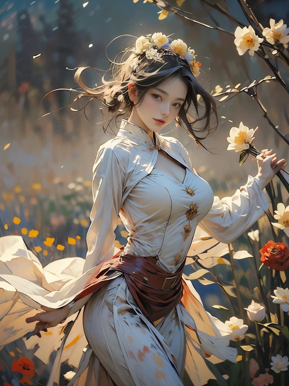 (8k, highest quality, masterpiece),{Realistic, RAW Photos, Super Fine Clear, Portraiture, (Impressionism painting style:1.6)}, Realistic Light, Detailed skin, (Beautiful woman with slim body, Age 25, holly knight:1.5), Thin legs, fine grain, Long white hair, Detailed fingers, thin, Sexual, Expressions of Ecstasy, Dynamic and sexy pose, (huge Bouncy Firm Bust:1.4), (sexy sea-throug commander's suit, long skirt, long red cape, boots:1.2),(The suit has a wide opening at the chest;1.6), Exposing the breasts, (arcadia, Flower Storm, many flowers:1.8), Wide and beautiful view, (rose garden in 15th century, Flowers, Birds, Wind and Moon:1.5),