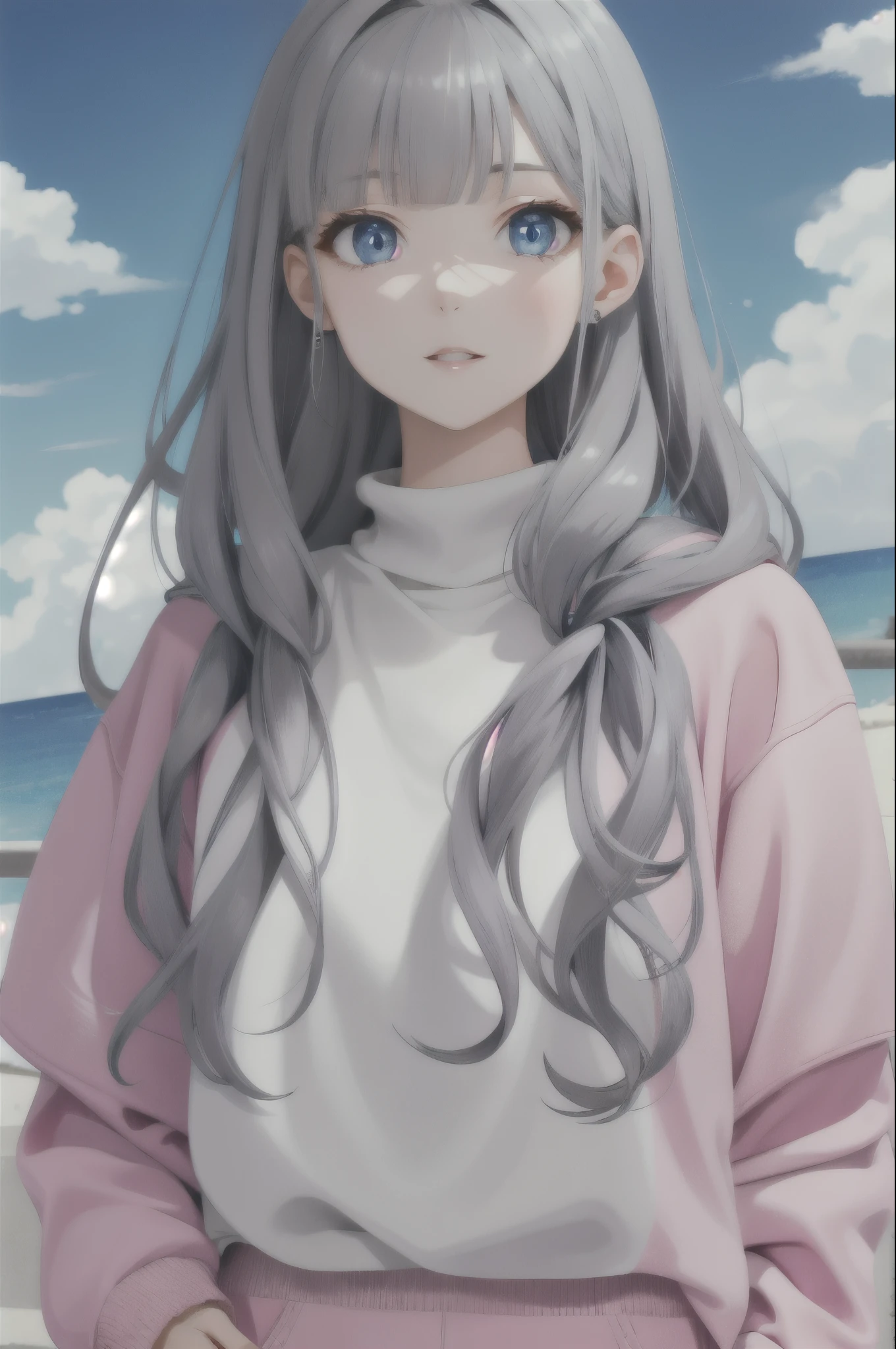 Girl, long dark gray hair, sky blue eyes, sharp features, white skin, pink lips, sweater
