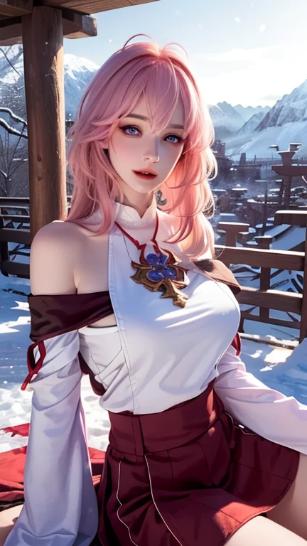 (8k, top quality, masterpiece:1,2), (realistic, Realism:1.37), Ultra-detailed, a girl sitting on the ground,), (Very detailed), (Beautiful and delicate eyes，purple eyes), (highest quality), (super detailed ), (masterpiece), (Detailed face),20 years old, ,1 girl, whole body, pink hair,very long hair, big breasts, Wear a black off-shoulder shirt, black see-through shirt，black clothes，perfect lighting, and breast focus, looking at the audience, excited face, naughty face, mountains, forest, birds, ((Princess, Variza, Snow Princess:1.5, disney, playing with birds, ))