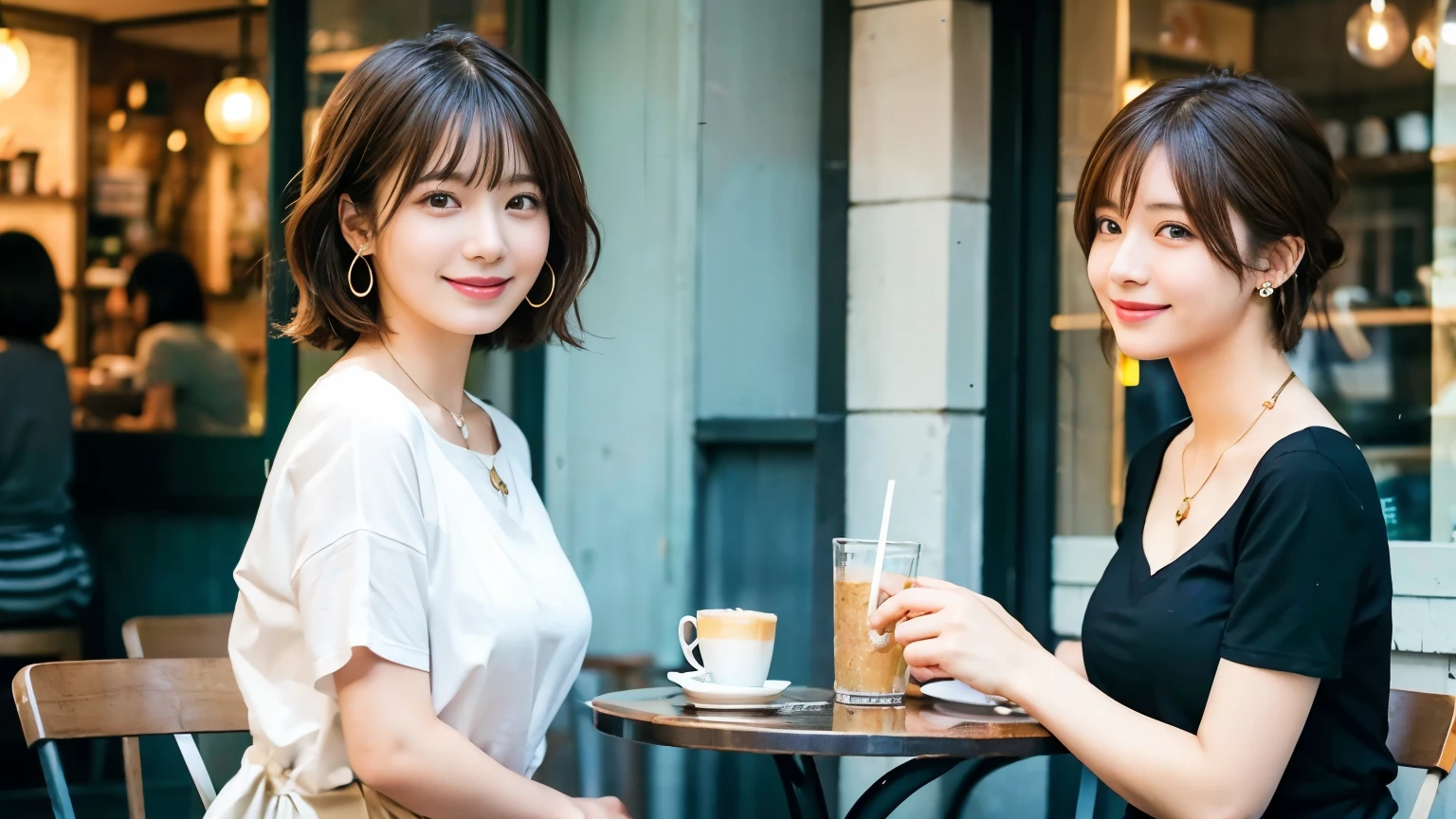 super high quality, Short Hair, Slender, Gravure photoshoot, The staff is working at the counter in the back., (8k、RAW Photos、highest quality、masterpiece:1.2), Japanese Idol, Shaggy, Stylish café, The cafe is crowded with people enjoying themselves., (Realistic、Photorealistic:1.37), Mesh Hair, Urban Cafe, Golden Ratio, Raw photo, Cute face , Light Brown Hair, Earrings, Small breasts, Bright cafe interior, Beauty salon model, Spring Clothes, necklace, Spoiled, Cafe Terrace, Open Cafe, Open Cafeの前に高級車, Smile, Hair blowing in the wind, Neat clothes, T-Shirts, 18-year-old, younger sister,