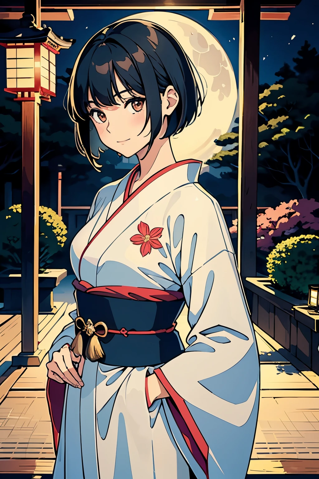 The solitary young woman, adorned in an exquisite kimono with a captivating moon motif, gracefully stood amidst the serenity of a traditional Japanese garden under the soft glow of a full moon. Her short, sleek black hair, styled in a fashionable bob cut, cascaded down her shoulders as she playfully posed, showcasing her radiant brown eyes that sparkled with joy. The super fine illustration, presented in best quality, accentuated every detail of her delicate features, from her slim silhouette to her youthful glow and the slightest creases of her cheerful expression. The garden, illuminated by the soft light of lanterns,