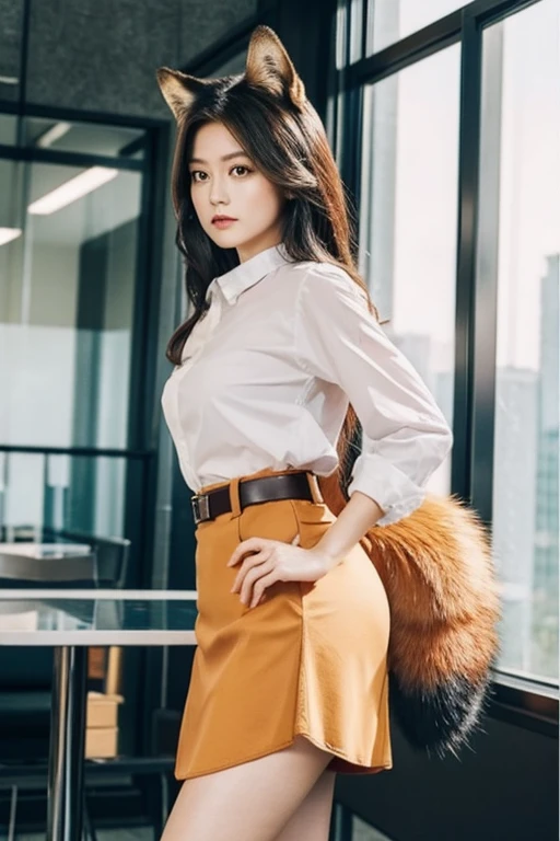 ((highest quality, 32k)), ((masterpiece)), (Familiar), Perfect Face, foxgirl, Pretty girl, Company Office, Has a tail, She has a fox tail, She stands up her fluffy tail, cat collar, Beautiful hip line, She is wearing a tight skirt, The tail of the red fox is sticking out, Troubled face, Get on all fours, Nice body