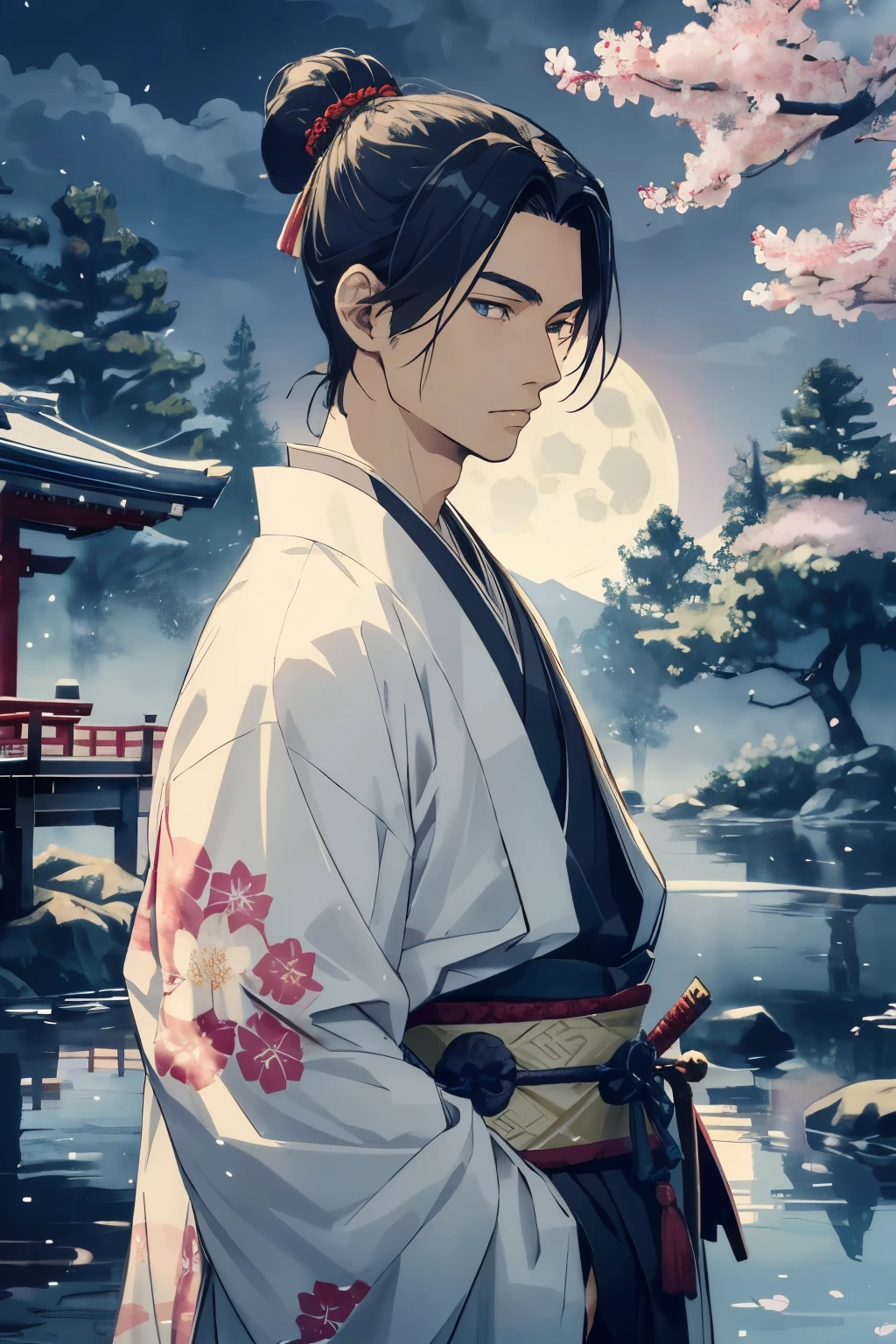 A Young Lone Samurai: A Super Fine Illustration of an Extremely Delicate and Beautiful Masterpiece
The best quality of this super fine illustration showcases a young, traditionally dressed samurai standing in a tranquil Japanese garden beneath the silvery glow of the full moon. His long, black hair, tied back in a neat bun, contrasts sharply with his sharp blue eyes and intense gaze, which radiate a serious, focused expression.
Dressed in a vibrant kimono adorned with a cherry blossom motif, the samurai's outfit is both elegant and practical, hinting at his warrior spirit. In his hands, he dual