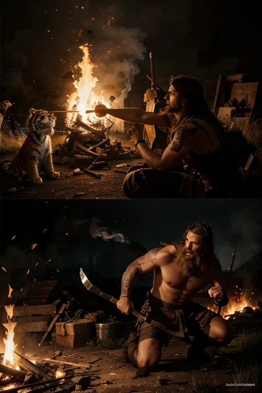 Battlefield, Viking, Tiger Attacking, Axe, Fire, Smoke,
