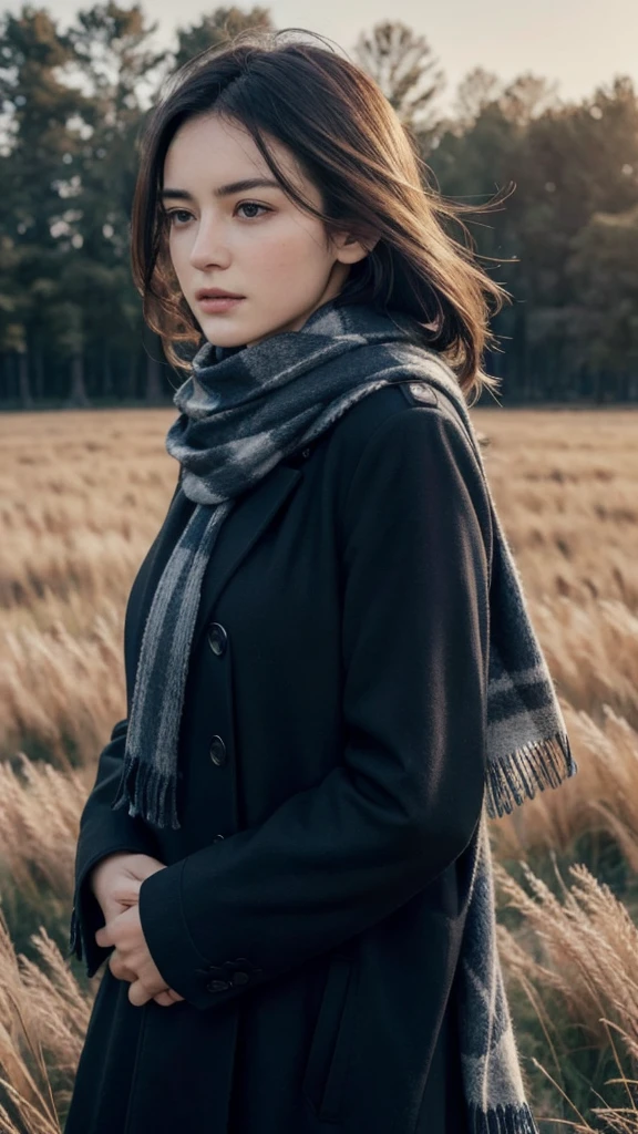 8k, best quality, masterpiece, realistic, ultra detail, photo realistic, Increase quality, 
a photo of a girl standing in a field with a scarf, in the style of dark and brooding designer, voluminous mass, photobash, serene faces, jagged edges, navy, natural beauty, close-up shot
