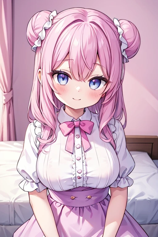  one house wife,bun_headhair color is pink,cute,eyes are Blue,Smile,disproportionate breasts,dashed eyes,Top: White ruffle blouse / Bottom: Lavender tulle skirt,The background is in the room,on the bed,