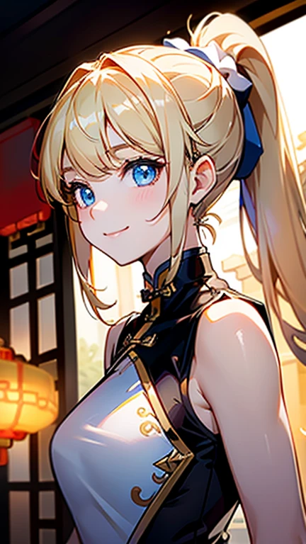 Best quality , masterpiece, Portrait、、Bright expression、ponytail、Young, shiny, white, glossy skin、Gloss Face、Shining Cheek Gloss、Small Face Beauty、The best beauty、The dazzling light of blonde hair、Bright blonde hair with dazzling highlights、Very beautiful shiny light blonde hair、super long silky straight hair、Her shiny, beautiful bangs are covering her eyes.、Sparkling, clear, attractive, bright, large, pale blue eyes、Very big eyes、eyeliner、very beautiful lovely cute 16 year old girl、young girl, Ample Bust, upper body , (smile:1.2) , ((((china dress , ponytail ))))