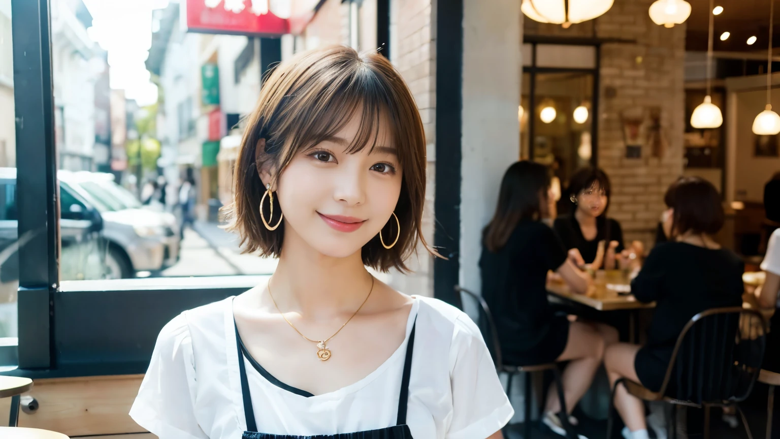 super high quality, Short Hair, Slender, Gravure photoshoot, The staff is working at the counter in the back., (8k、RAW Photos、highest quality、masterpiece:1.2), Japanese Idol, Shaggy, Stylish café, The cafe is crowded with people enjoying themselves., (Realistic、Photorealistic:1.37), Mesh Hair, Urban Cafe, Golden Ratio, Raw photo, Cute face , Light Brown Hair, Earrings, Small breasts, Bright cafe interior, Beauty salon model, Spring Clothes, necklace, Spoiled, Cafe Terrace, Open Cafe, Open Cafeの前に高級車, Smile, Hair blowing in the wind, Neat clothes, T-Shirts, 18-year-old, younger sister,