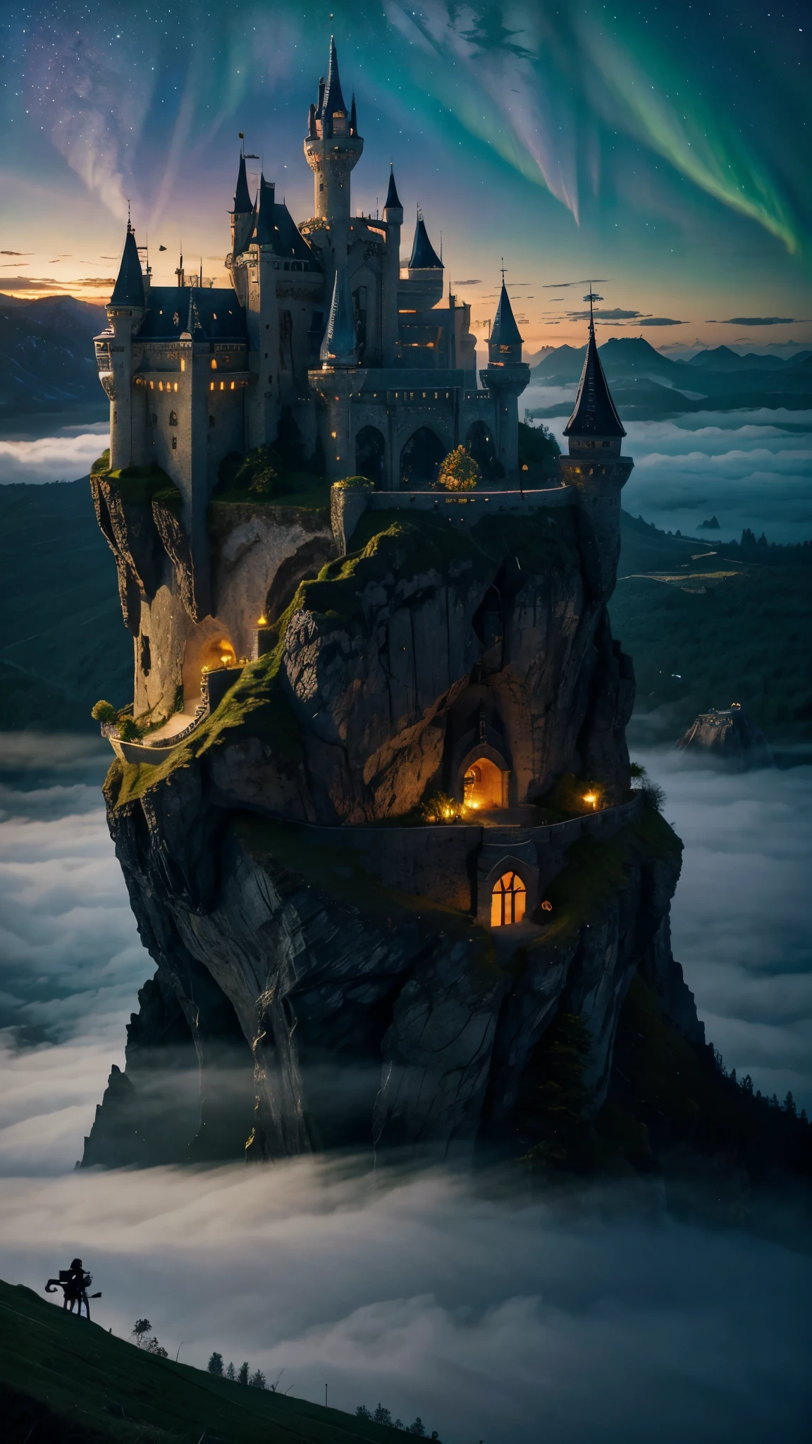 Fantasy Castle on a Cliff": A grand, fairy-tale castle perched on a cliff, surrounded by a mystical fog, with dragons flying in the background and a magical sky filled with stars and auroras.

