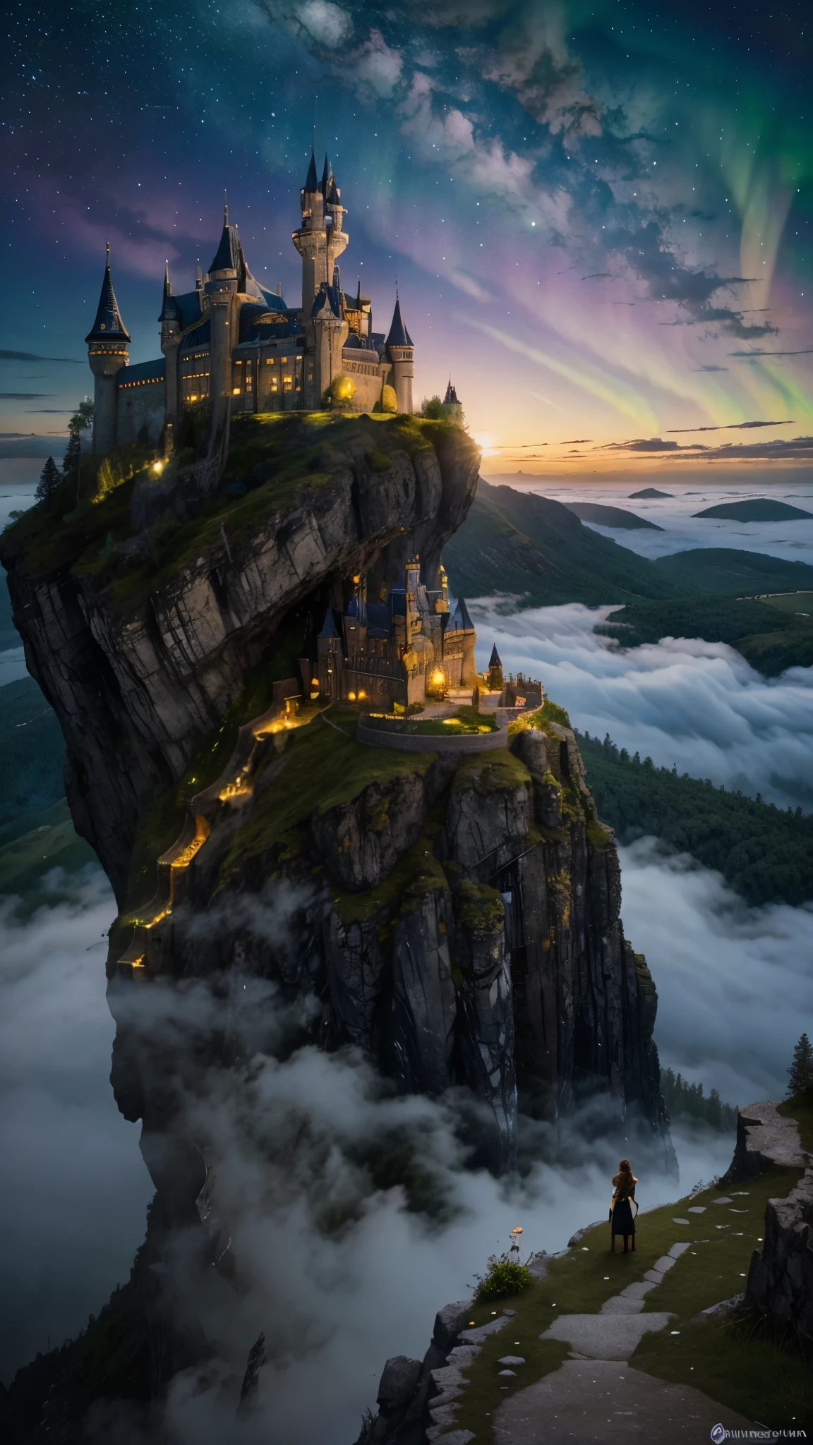 Fantasy Castle on a Cliff": A grand, fairy-tale castle perched on a cliff, surrounded by a mystical fog, with dragons flying in the background and a magical sky filled with stars and auroras.