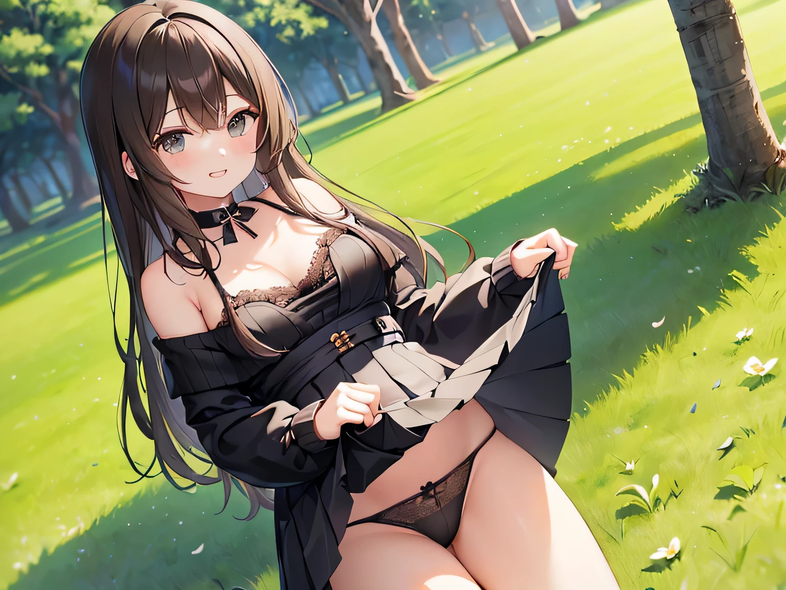 (masterpiece、highest quality、High resolution、Realistic photo、Real looking skin:1.1)、
(Women lift their skirts and take off their panties々I am showing it to:1.8)、
(standing:1.8)、
(Provocative, grinning expression:1.5),
(She is wearing a white long-sleeved off-the-shoulder knit top:1.8)、
(She is wearing a grey pleated mini skirt.:1.8)、
(I'm wearing black mid-length boots:1.8)、
(The panties are made of black lace with a pattern.:1.5)、
(She has long brown hair.:1.5)、
(The location is the grassy area of Spring Park.:1.5)、
1 Japanese Girl、solo、Full Body Esbian、Beautiful Eyes、Shining Eyes、Shining thighs、NSFW