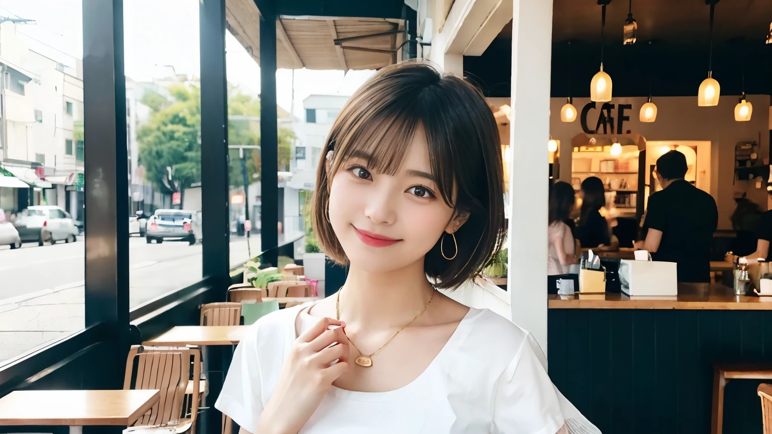 super high quality, Short Hair, Slender, Gravure photoshoot, The staff is working at the counter in the back., (8k、RAW Photos、highest quality、masterpiece:1.2), Japanese Idol, Shaggy, Stylish café, The cafe is crowded with people enjoying themselves., (Realistic、Photorealistic:1.37), Mesh Hair, Urban Cafe, Golden Ratio, Raw photo, Cute face , Light Brown Hair, Earrings, Small breasts, Bright cafe interior, Beauty salon model, Spring Clothes, necklace, Spoiled, Cafe Terrace, Open Cafe, Open Cafeの前に高級車, Smile, Hair blowing in the wind, Neat clothes, T-Shirts, 18-year-old, younger sister, 
