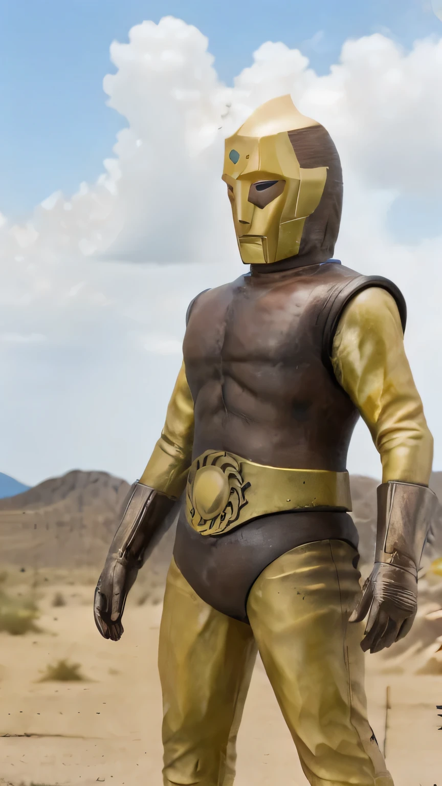 Spectreman, looking at viewer, in a desert place, sun, clouds, professional photograph, masterpiece, best quality, 8K, 16K, UHD, photorealistic, solo