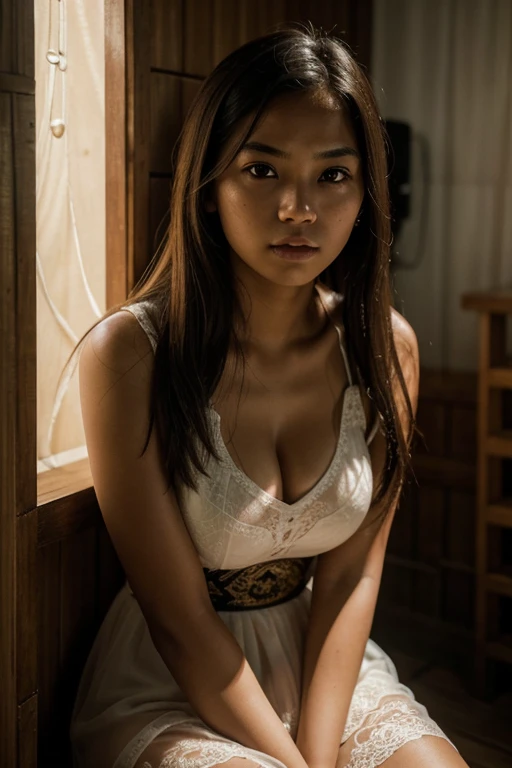 indonesian girl ,, , big breast , wearing sheer dress , sitting at the old traditional bed , in the bamboo cubicle room , photorealism, high contrast, photorealistic, 8k HD high definition detailed realistic, detailed, skin texture, hyper detailed, realistic skin texture, best quality, (photorealistic:1.4), high resolution, detailed, raw photo, photo realistic, (high detailed skin:1.2), 8k uhd, dslr, soft lighting, high quality, film grain, Fujifilm XT3), hyper realistic lifelike texture dramatic lighting unreal engine, even, neutral light, key light, bold, bright colours,