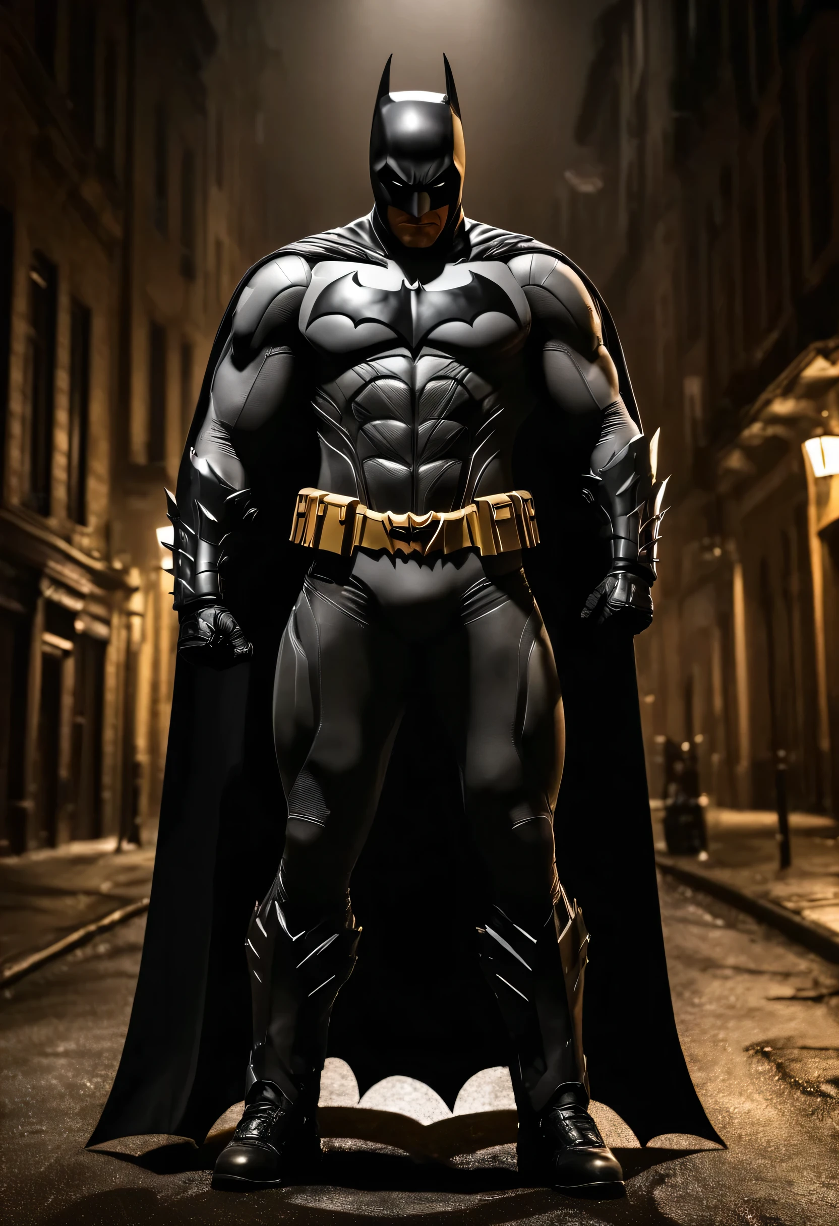 obra de arte, melhor qualidade, Batmanwholaughs, visualizador de frente, olhando para o espectador, arms behind the back, (Tilt your head:1.2), rua da cidade, dramatic lighting, pesadelo, Escuro