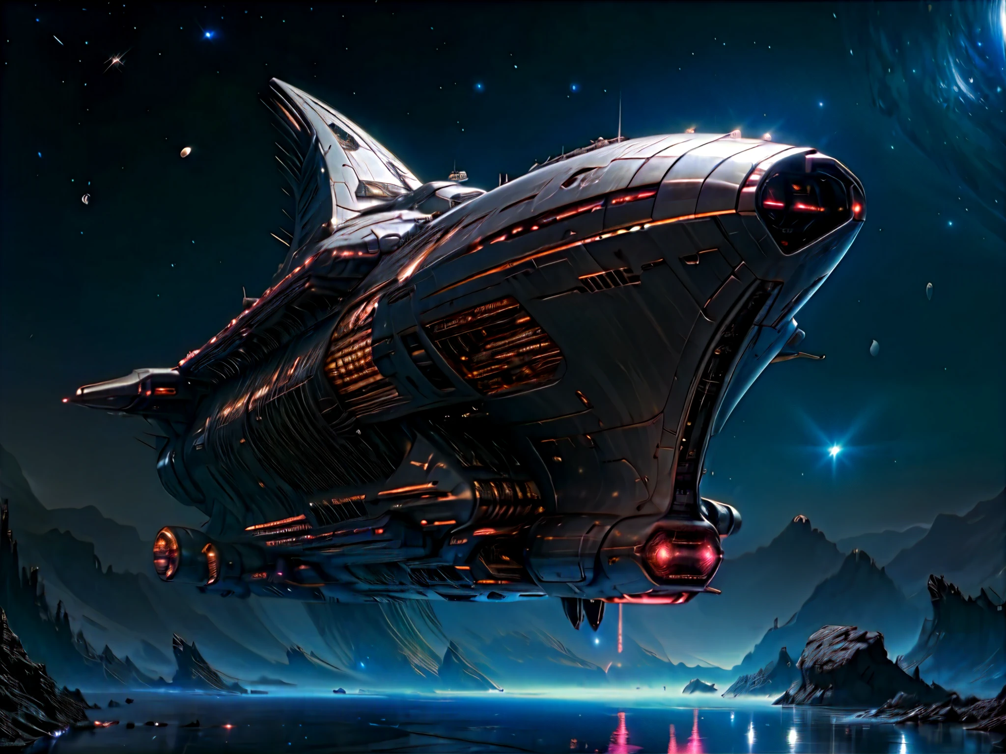 In the limitless expanse of deep space, a colossal server building looms majestically on the right side of the image. Its metallic surface shines under the ethereal glow of distant stars, casting a multitude of twinkling lights that add to the mesmerizing scene. Uma nave de aspecto elegante, metallic hull radiates a subtle, brilho pulsante, arousing admiration in the observer, naceles formam o corpo da nave