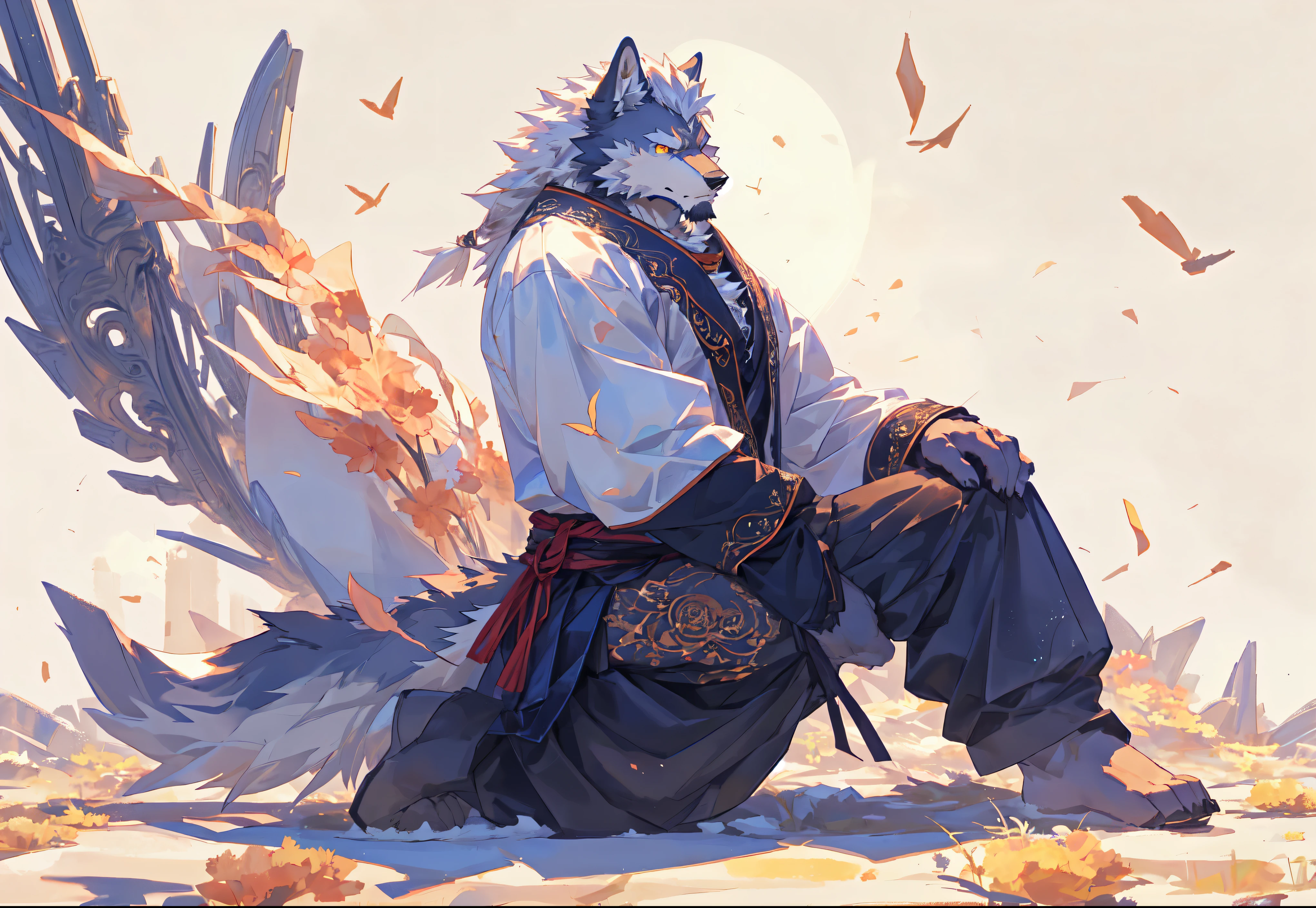 Anime style,, PIXIV, hairy art, very very beautiful hairy art杰作,best quality,2K resolution,Very detailed,hairy,Wolf,Calm,Strong,male,Detailed facial depiction,Highest quality scene,whole body,male,White hair,Dynamic,stratagem,Golden Eyes,Solitary