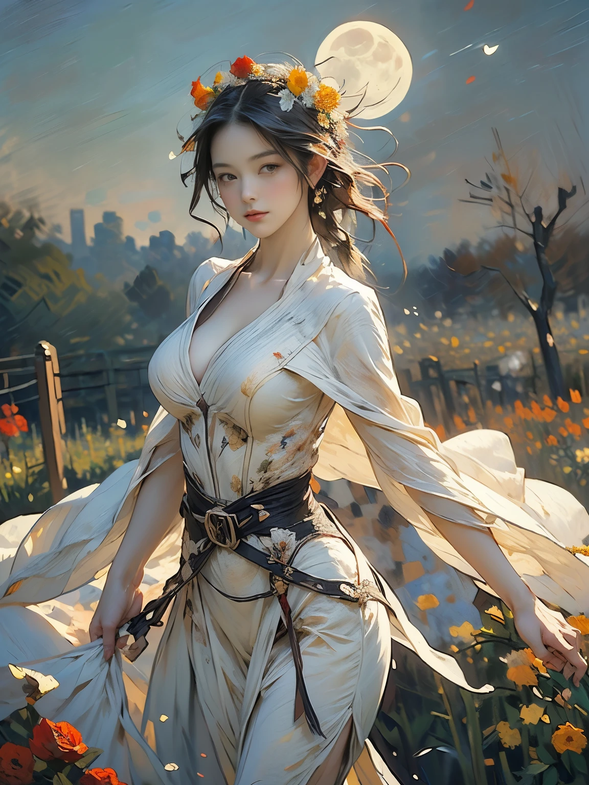 (8k, highest quality, masterpiece)，{Realistic, RAW Photos, Super Fine Clear, Portraiture, (Impressionism painting style:1.6)}, Realistic Light, Detailed skin, (Beautiful woman with slim body, Age 25, holly knight:1.5), Thin legs, fine grain, Long white hair, Detailed fingers, thin, Sexual, Expressions of Ecstasy, Dynamic and sexy pose, (huge Bouncy Firm Bust:1.4), (sexy sea-throug commander's suit, long skirt, long red cape, boots:1.2),(The suit has a wide opening at the chest;1.6), Exposing the breasts, (arcadia, Flower Storm, many flowers:1.8), Wide and beautiful view, (rose garden in 15th century, Flowers, Birds, Wind and Moon:1.5),