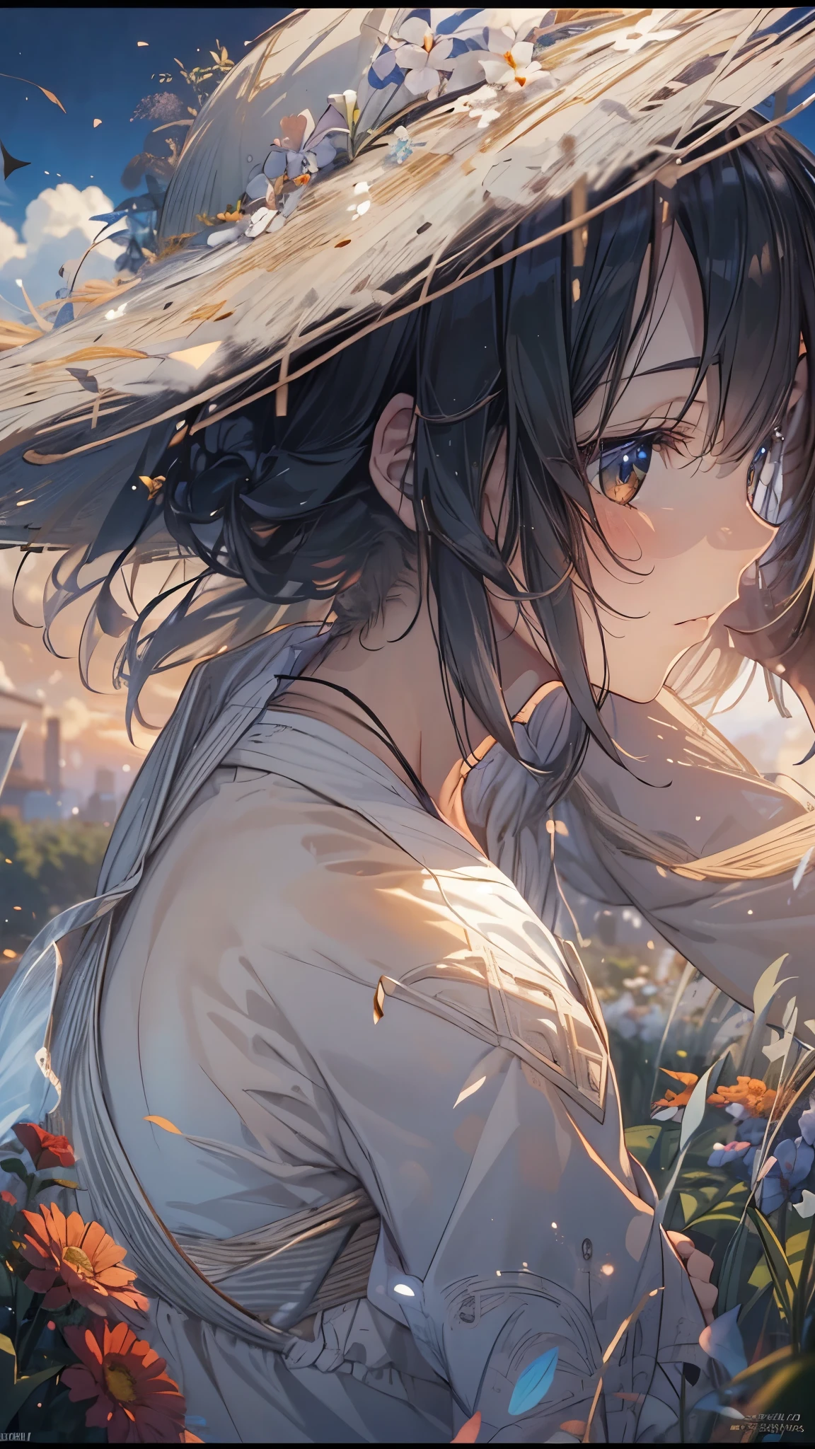 Black Hair, Girl in a straw hat, look back, Country road after the rain, Summer Clouds, ((Sad Scenery)), ((A sad style)), hair two side up, depth of field, cinematic lighting, sparkle, f/2.8, anime, anime style, blurry foreground, atmospheric perspective, close-up, 135mm, UHD, high details, best quality, highres, textured skin, 4K