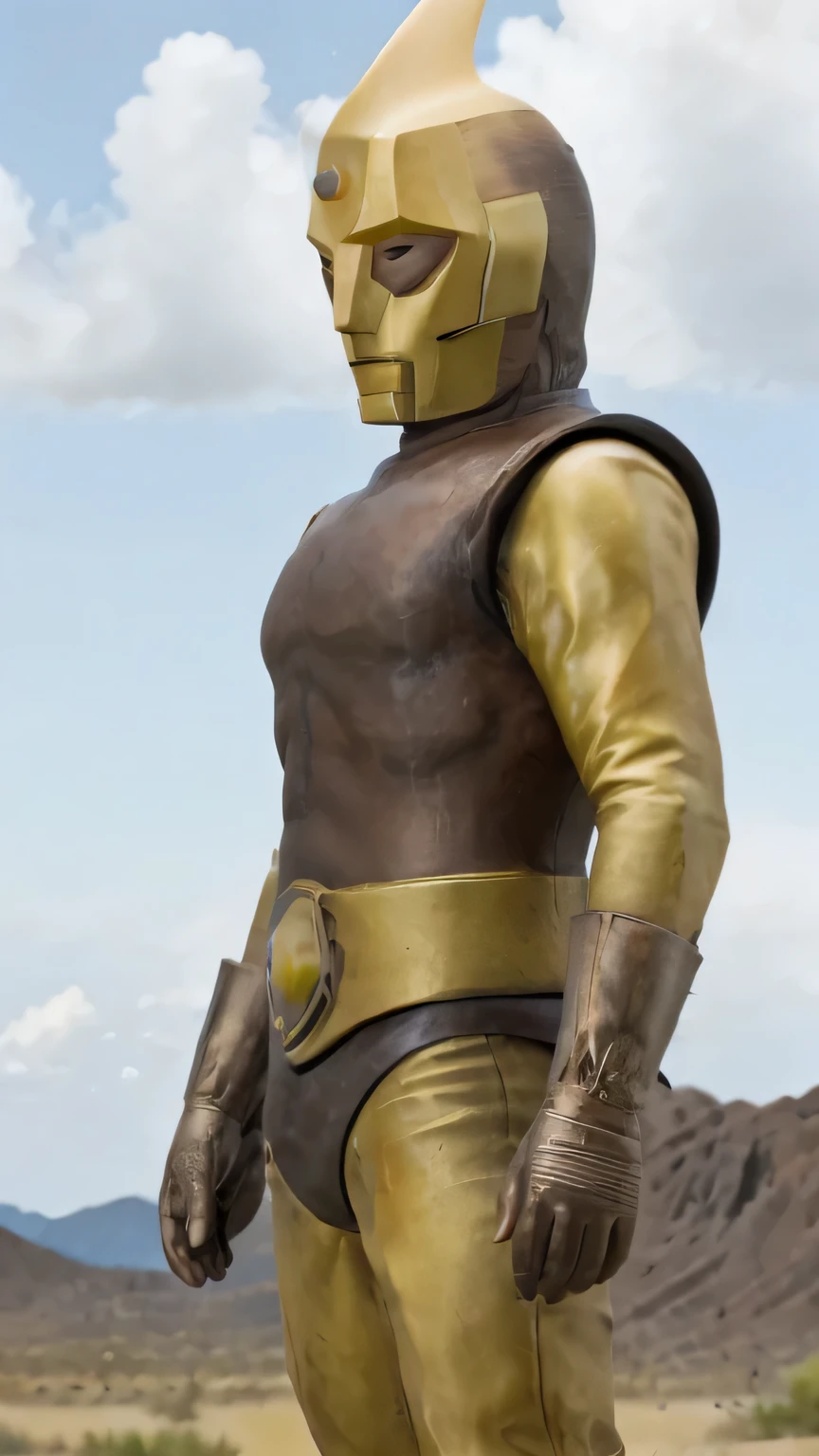 A close up of a statue of a man in a helmet and gold bodysuit - SeaArt AI