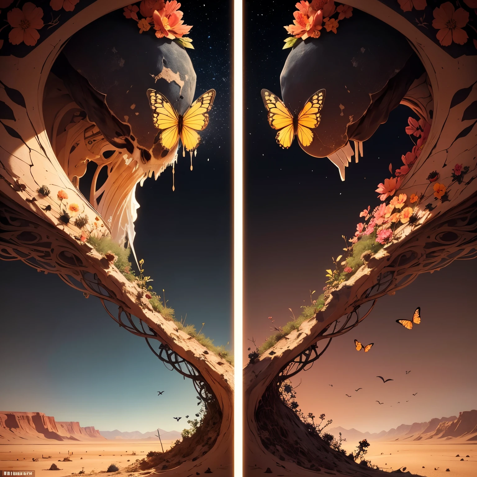 Life vs. Death: Illustrate an image divided in two. The left side features a blooming flower garden in vivid colors with erflies and birds. The right side presents a barren desert with skeletal remains and dry, cracked earth, contrasting life and death.