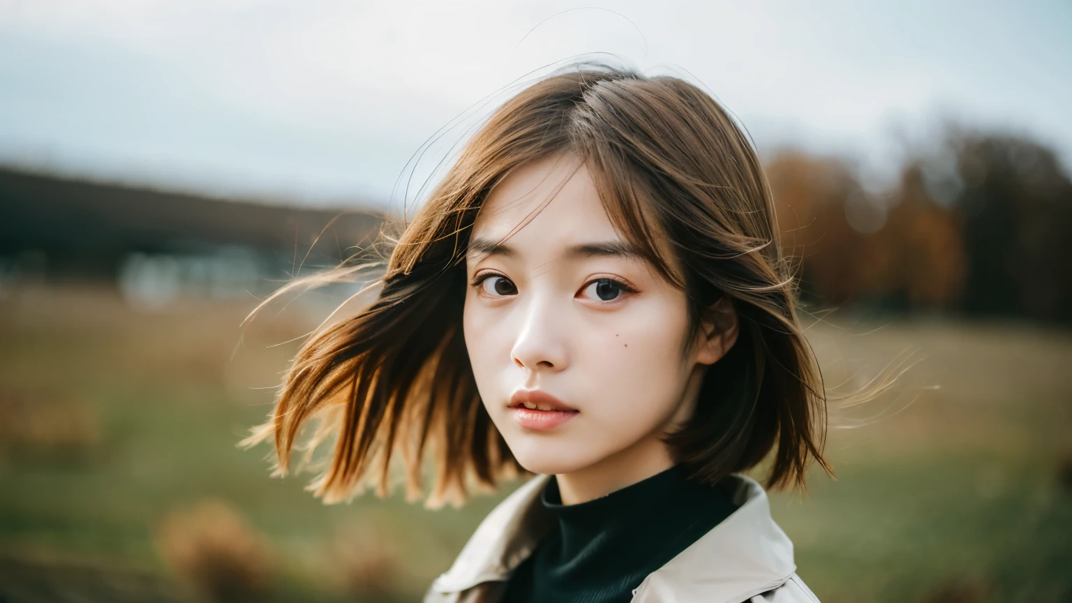 ((highest quality)), ((masterpiece)), (detailed), Perfect Face,young,Japanese,girl,23 years old,Blurred Background,,Brown hair color,Bob Hair,Half face,Location shooting,Shooting with depth,Shooting from an angle,Hair blowing in the wind
