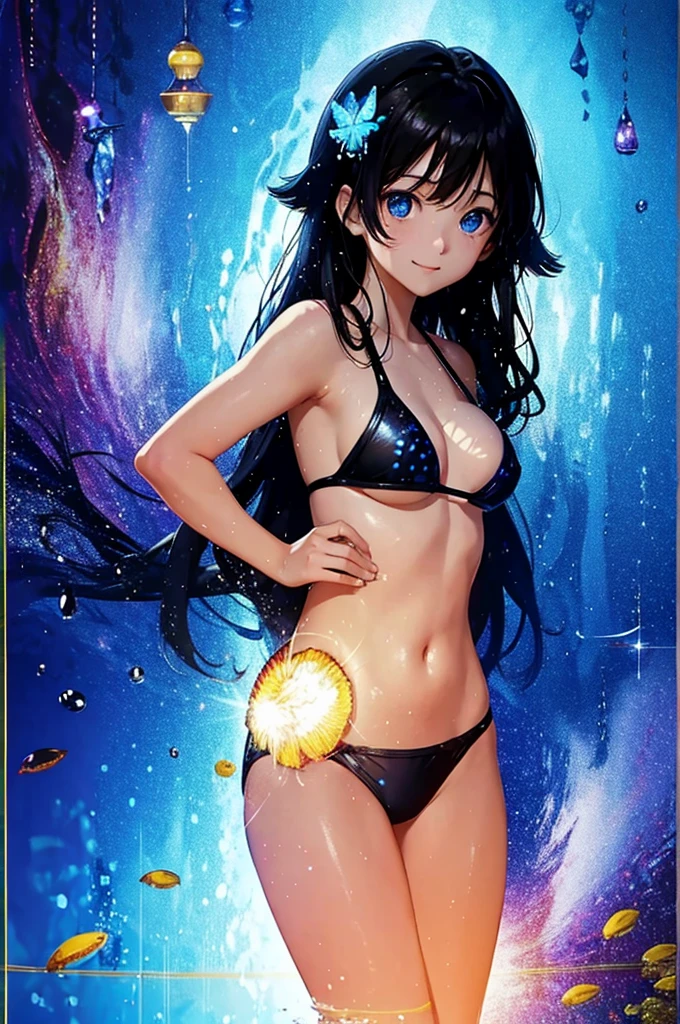 anime、Vibrant colors、In the water、Uplifting、A beautiful woman swimming in the ocean at 100km per hour、20 years old、Black Hair、Long Hair、Bright swimsuit、Bright eyes、Sparkling eyes、Large Breasts、An innocent smile、100 vibrant tropical fish、1000 glittering particles、100 butterflies swimming in the water