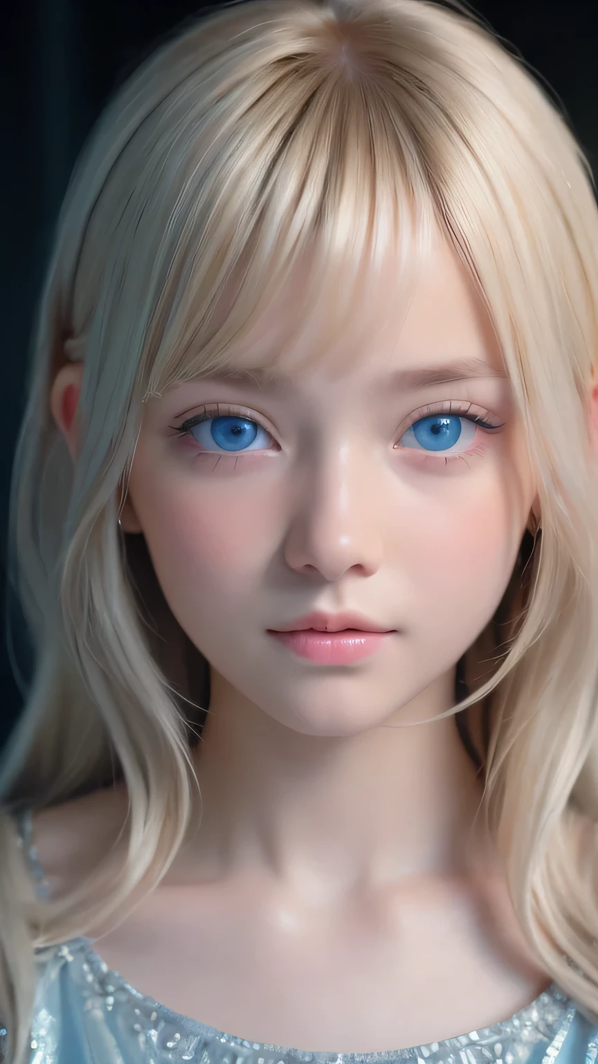 highest quality、8k Masterpiece、Ultra-high resolution、(Realistic:1.3)、RAW Photos、 Scandinavian girl with shiny blonde hair、Silvery blonde hair、Super long straight hair、Bangs between the eyes、Bangs that cover the eyes、片Bangs that cover the eyes、Bangs between the eyes、White and glowing skin、1. Cyberpunk Super Beautiful Soldier、((Ultra-Realistic Details))、Portraiture、Global Illumination、Shadow Realm、Octane Rendering、8k、Ultra Sharp、Metal、Cool colors、、Very intricate detail、Realistic Light、Trends of the CG Association、so beautiful, Big bright blue eyes、Very big eyes、Eyes shining at the camera、Neon Details、Small Face Beauty、Round face、Cheek highlight