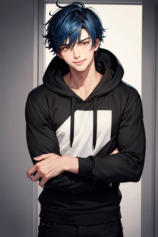 Handsome young adult boy with messy blue hair and yellow eyes smirking in a black hoodie