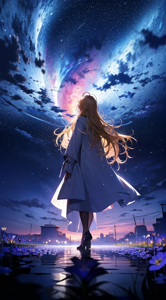 1people々々々々々々,Blonde long-haired woman,White long coat, Dress Silhouette, Rear View,Space Sky, Flower Field,Colorful flowers
