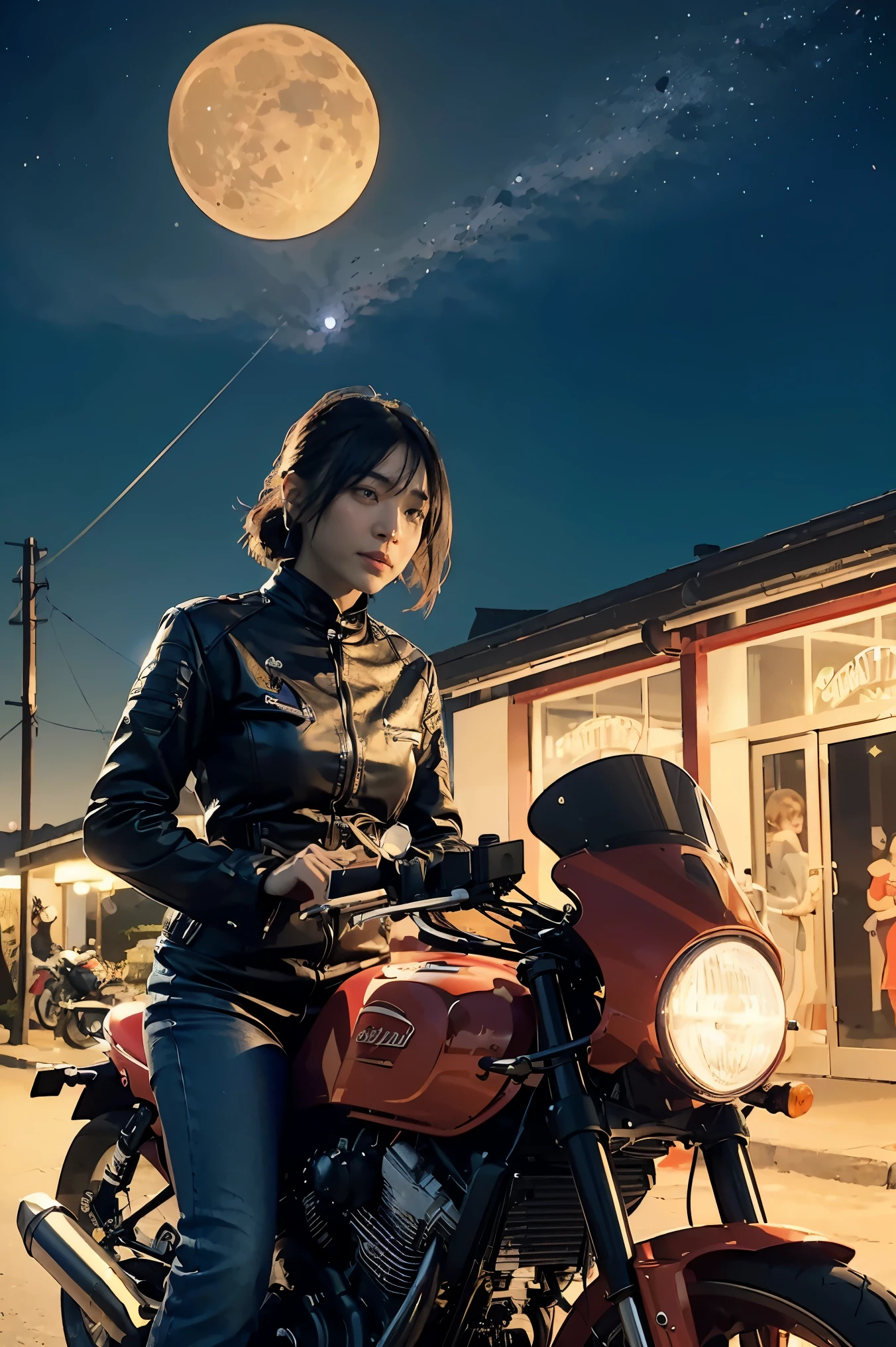 (masterpiece), (best quality), (best detail), (distant general view), (postage stamp),(main color of illustration: bright saturated red), (secondary color: lapis lazuli), a red cafe racer motorcycle driven by a woman with defiant stance, very detailed chassis, futuristic western scenery, night (many stars, moon), shading (detailed, much contrast), very saturated pulp colors