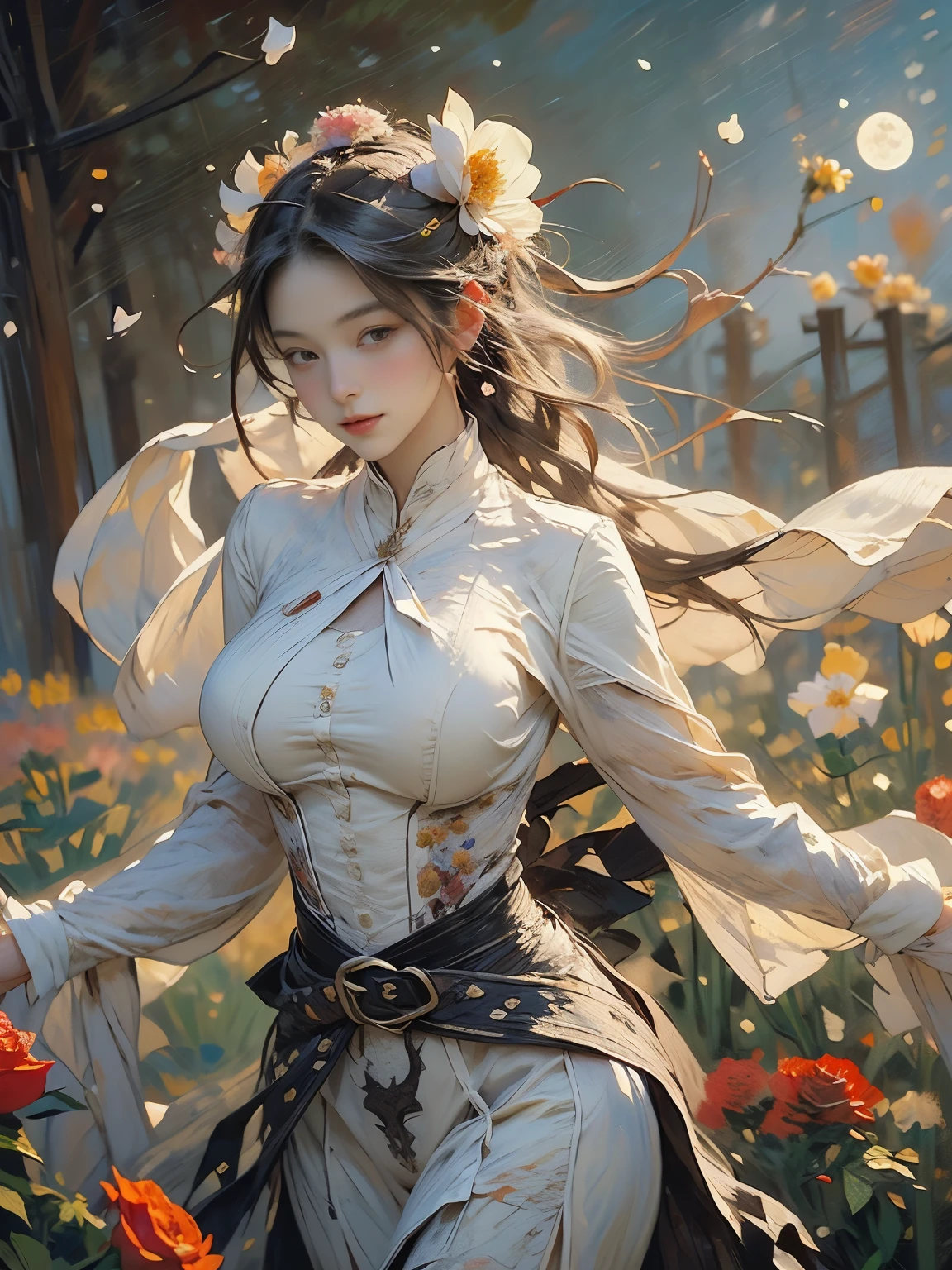 (8k, highest quality, masterpiece),{Realistic, RAW Photos, Super Fine Clear, Portraiture, (Impressionism painting style:1.6)}, Realistic Light, Detailed skin, (Beautiful woman with slim body, Age 25, holly knight:1.5), Thin legs, fine grain, Long white hair, Detailed fingers, thin, Sexual, Expressions of Ecstasy, Dynamic and sexy pose, (huge Bouncy Firm Bust:1.4), (sexy sea-throug commander's suit, long skirt, long red cape, boots:1.2),(The suit has a wide opening at the chest;1.6), Exposing the breasts, (arcadia, Flower Storm, many flowers:1.8), Wide and beautiful view, (rose garden in 15th century, Flowers, Birds, Wind and Moon:1.5),