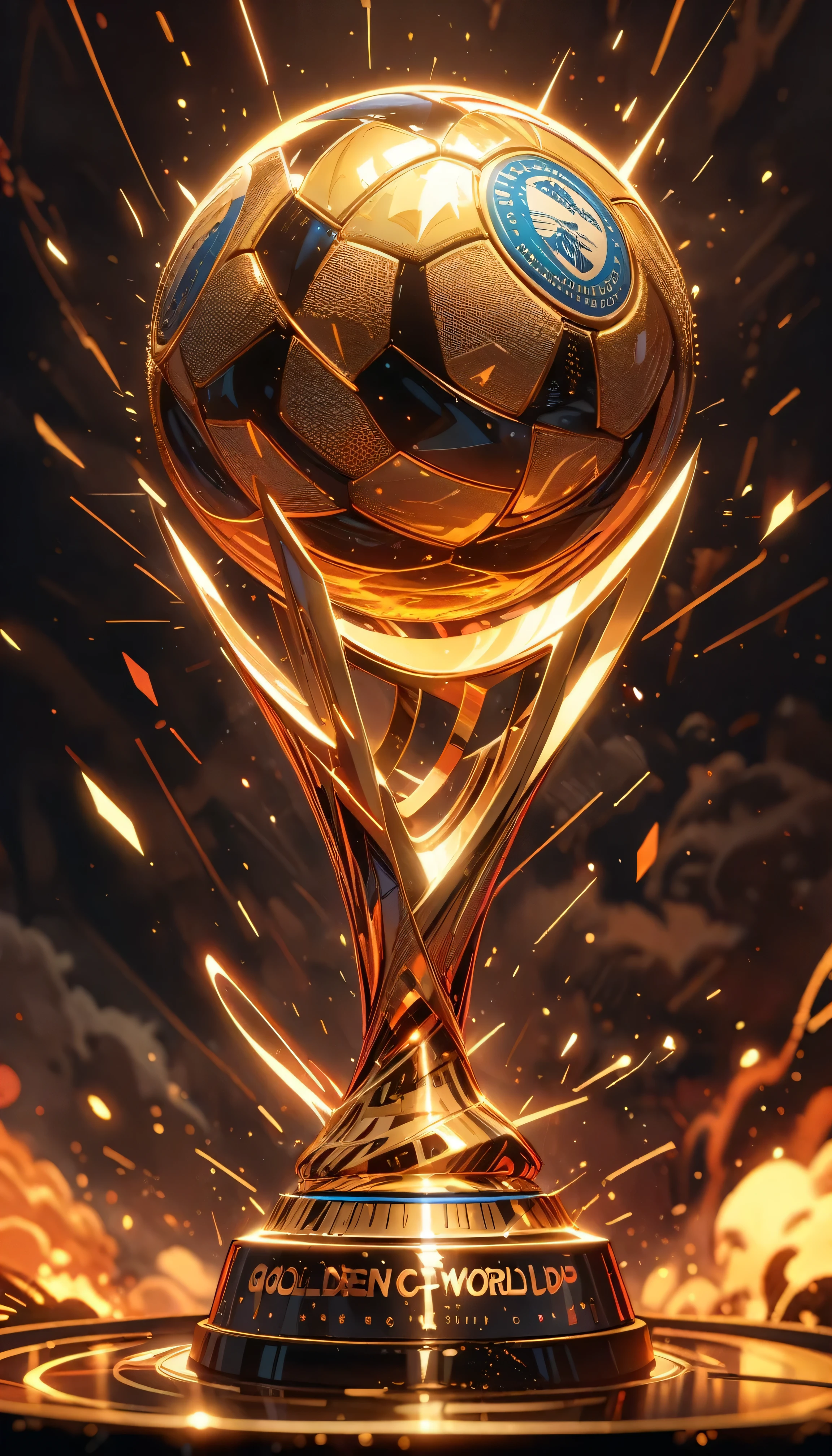 ((best quality)) , ((masterpiece)) , (detailed) ,A golden "World Cup" trophy glowing with light on black background, anime style ,world cup trophy glowing with golden light on black background, " static worldcup" written in the center of it, high resolution, high quality, high detail, high definition, high dynamic range, dark background, poster style 